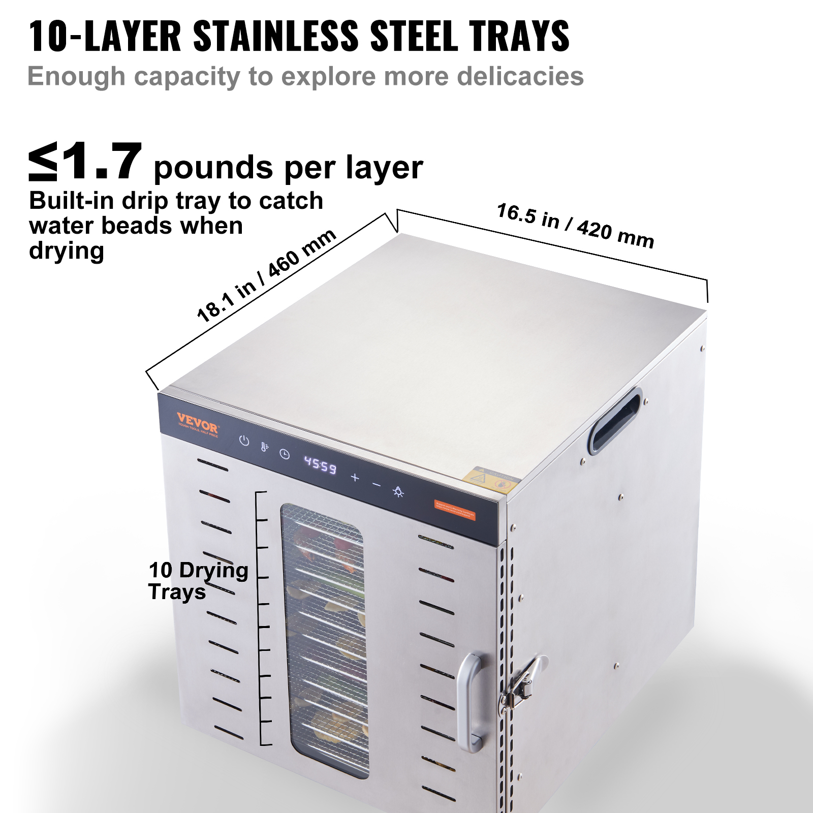 VEVOR Food Dehydrator Machine, 10 Stainless Steel Trays, 1000W Electric Food Dryer With Digital Adjustable Timer & Temperature For Jerky, Herb, Meat, Beef, Fruit, Dog Treats And Vegetables — image 2