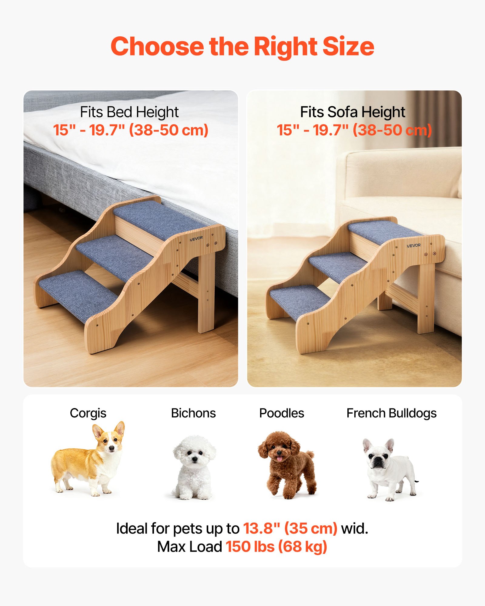 Escaleras de Madera para Mascotas 3 Peldaños, Soporte Seguro para Cama Alta, Sofá y Coches, Capacidad 150lbs, Superficie Antideslizante, Escalera Estable para Gatos y Perros Pequeños Grandes Mayores — imagen 4