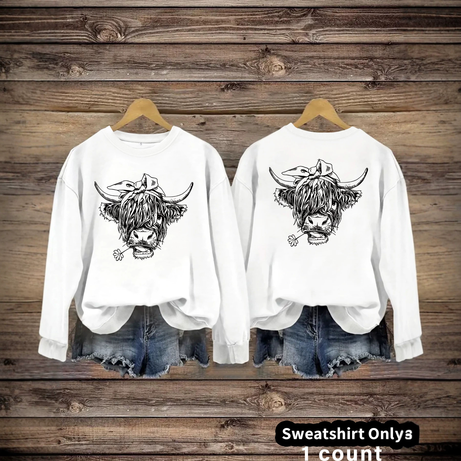 Cowboy Highland Cow Printed Loose Women's Velvet Hoodie — image 3