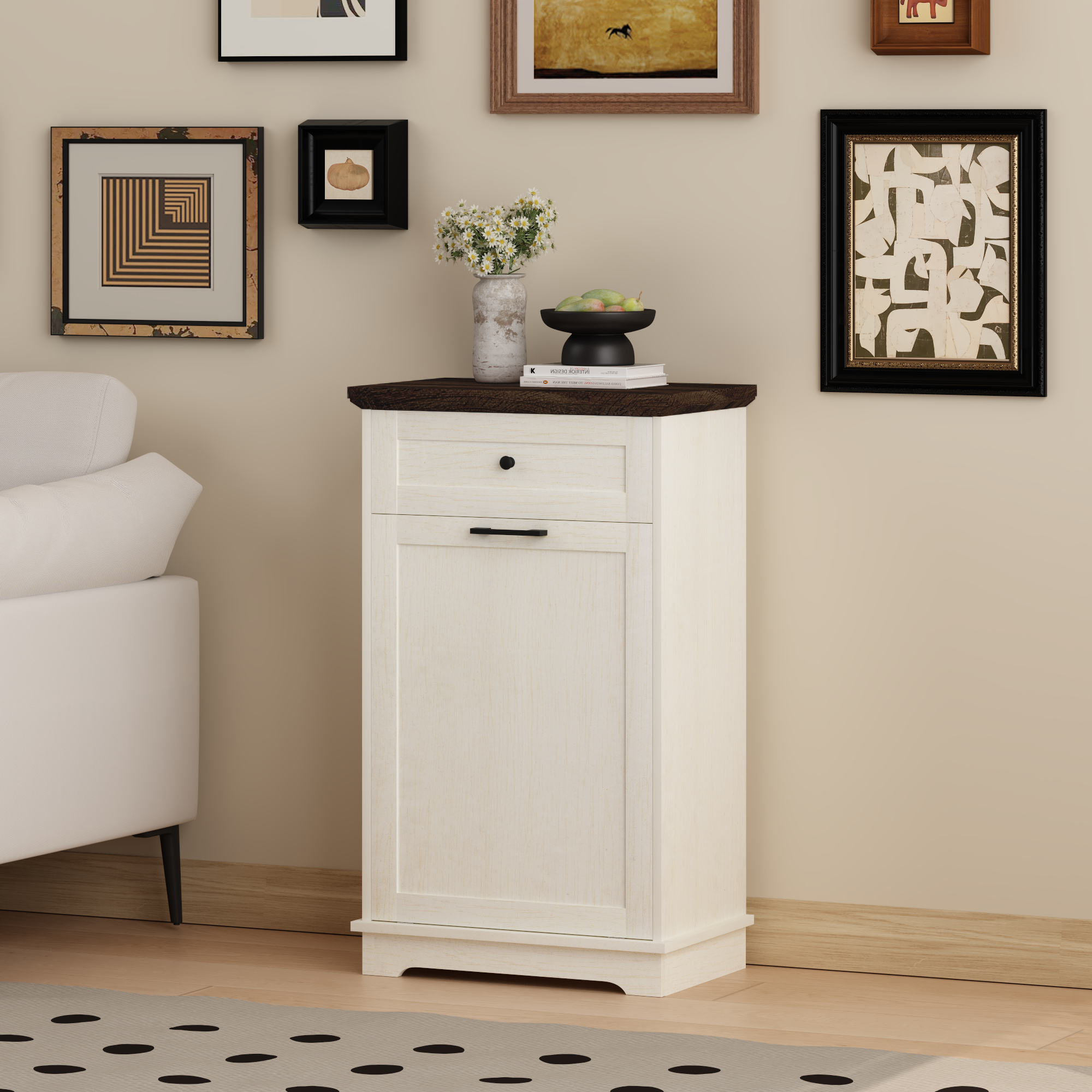 Mueble Basculante para Basurero de 10 Galones, Mueble Independiente para Bote de Basura, Mueble de Madera para Basura y Reciclaje con Cajón, a Prueba de Mascotas, para Cocina y Sala de Estar, Blanco Antiguo (No Incluye el Bote de Basura) — imagen 28