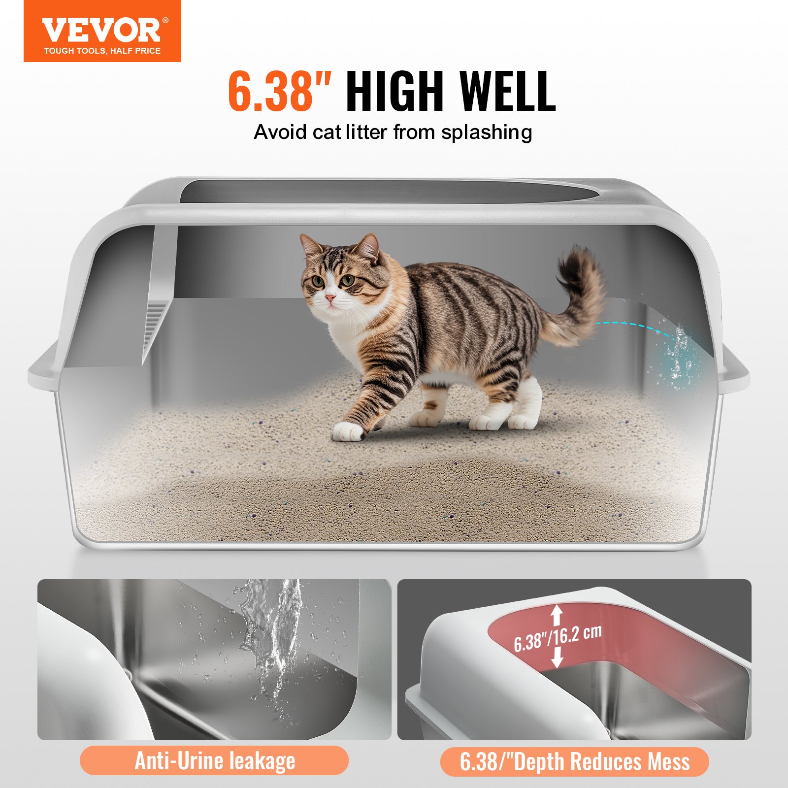 Caja de Arena para Gatos VEVOR 6 pulgadas de Profundidad - Caja de Arena con Filtración y Tablero de Pies Anti-Olor — imagen 1