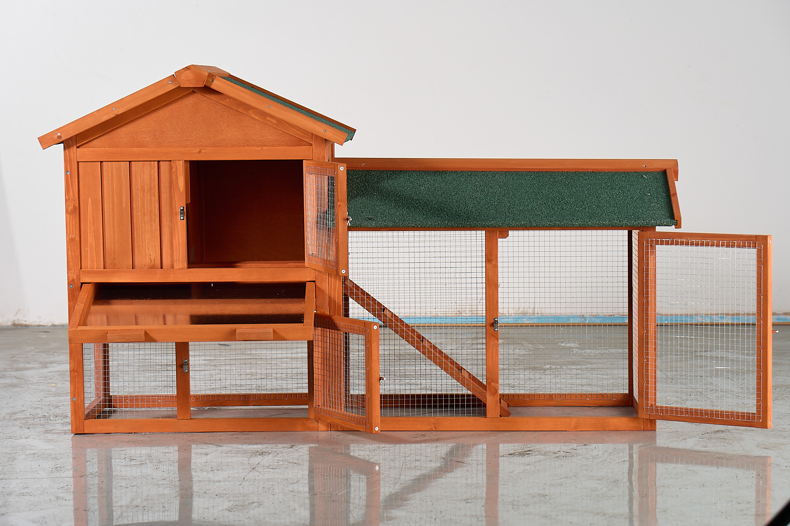 Large Wooden Rabbit Hutch, 2-Story Outdoor Bunny Cage With Waterproof Asphalt Roof, Pull-Out Tray & Ramp, Fir Wood Pet House For Rabbits, Chickens, Guinea Pigs Brown & Green — imagen 2