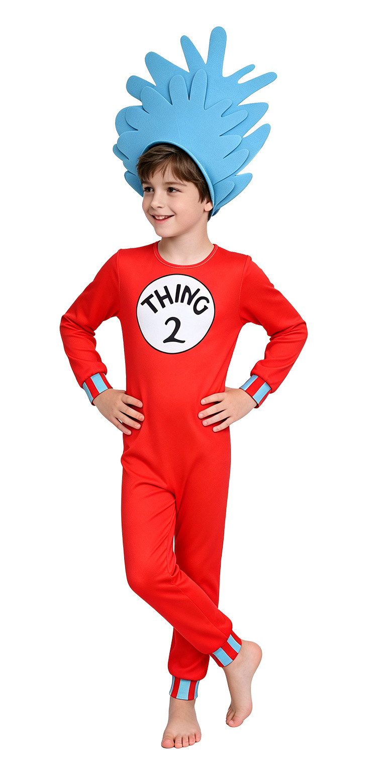 Halloween Dr. Seuss Kids Cosplay Costume Cat in the Hat Thing 1 Thing 2 Red Jumpsuit — image 5