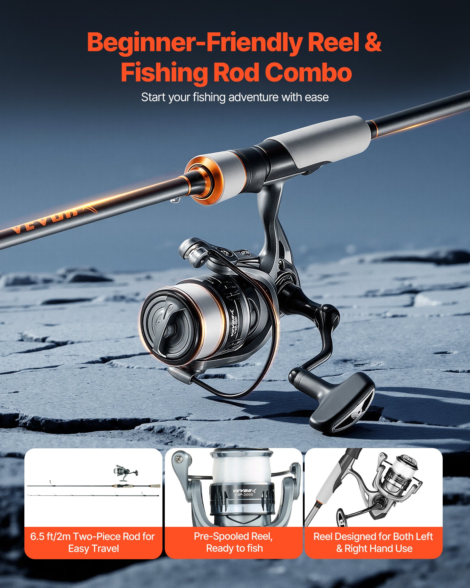 Rod And Fishing Reel Combo, IM6 Carbon Fiber Spinning Rod And Reel Combo, Bass Fishing Pole With 6.5 Ft Two-Piece Rods, 7+1 Ball Bearings, EVA Handle, Stainless Steel Guides With Ceramic Rings — imagen 5