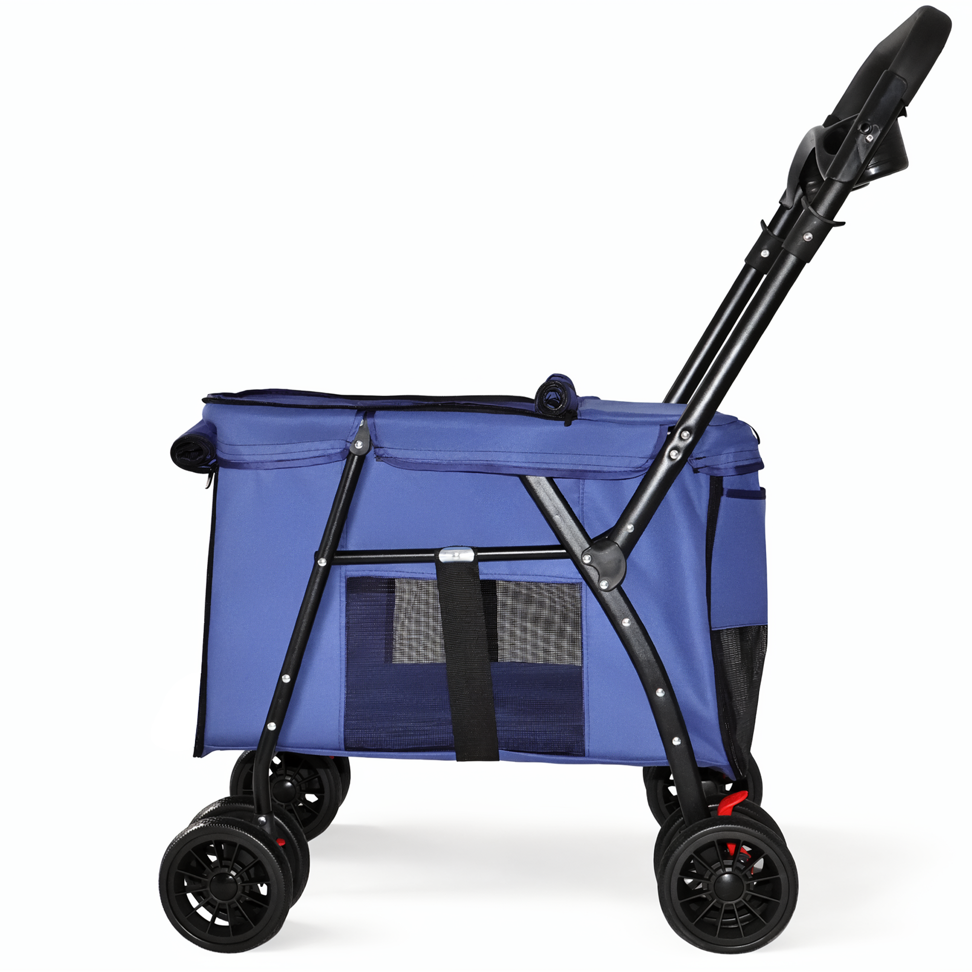 Pet Stroller, Foldable 4-Wheel Design, Breathable Mesh Dog Cat Stroller with Shockproof Wheels, Brake System, Storage Tray, 2 Fixed Safety Leashes, Large Space for Small Medium Pets, Navy Blue — image 11