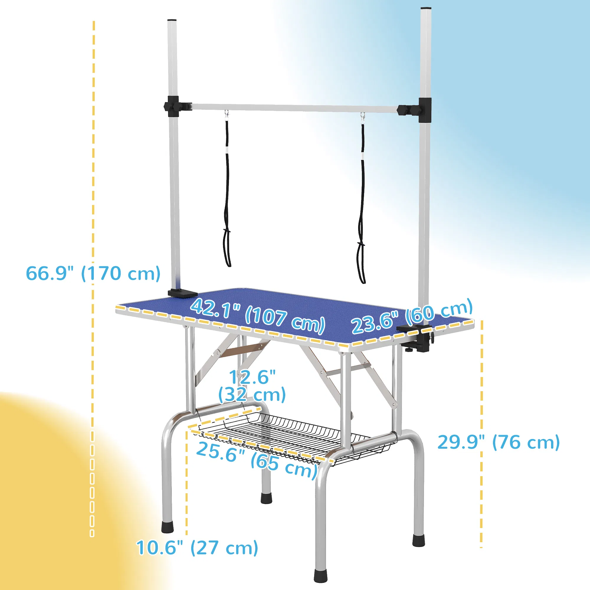 Adjustable Dog Grooming Table with 2 Safety Slings, Storage Basket, Blue — image 5
