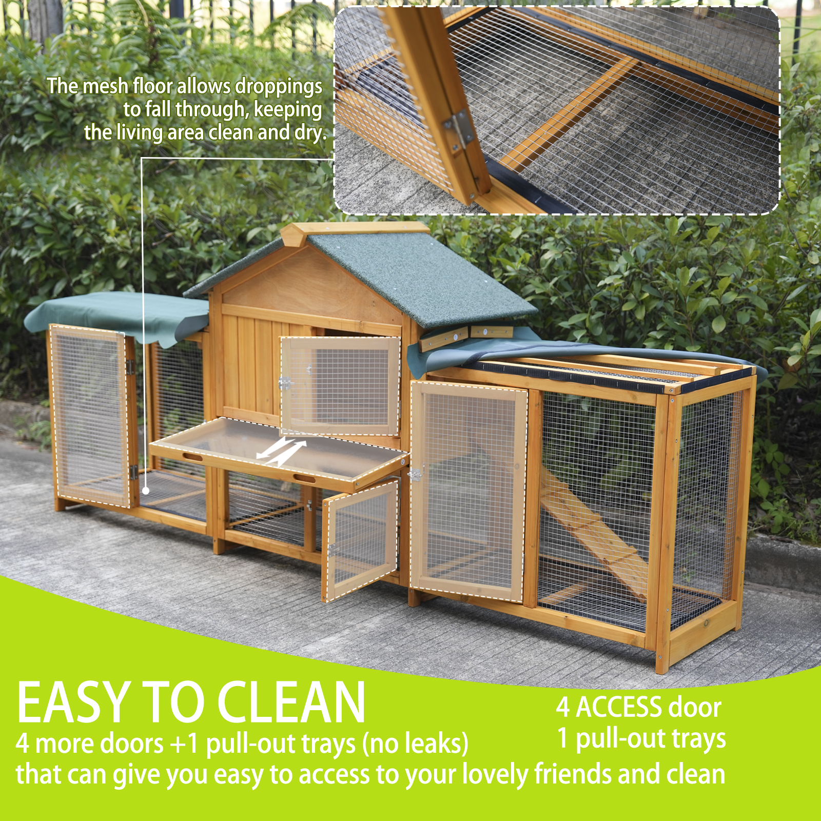 Habitación de Conejo en Madera Grande Exterior Fácil de Montar y Estable para Conejos Pequeños y Medianos con Caja de Limpieza & Techo Impermeable, Cubierta Removible y Protección Solar — imagen 4