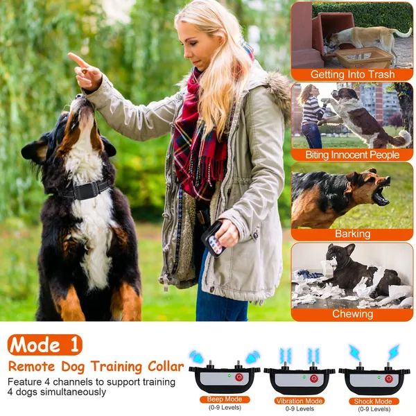 Collar de Entrenamiento Inalámbrico con Cordon Invisible para Perros de Raza Grande IPX6 Resistente al Agua 4 Canales Niveles 0-9 Modos de Sonido, Vibración y Choque Rechargeable — imagen 5