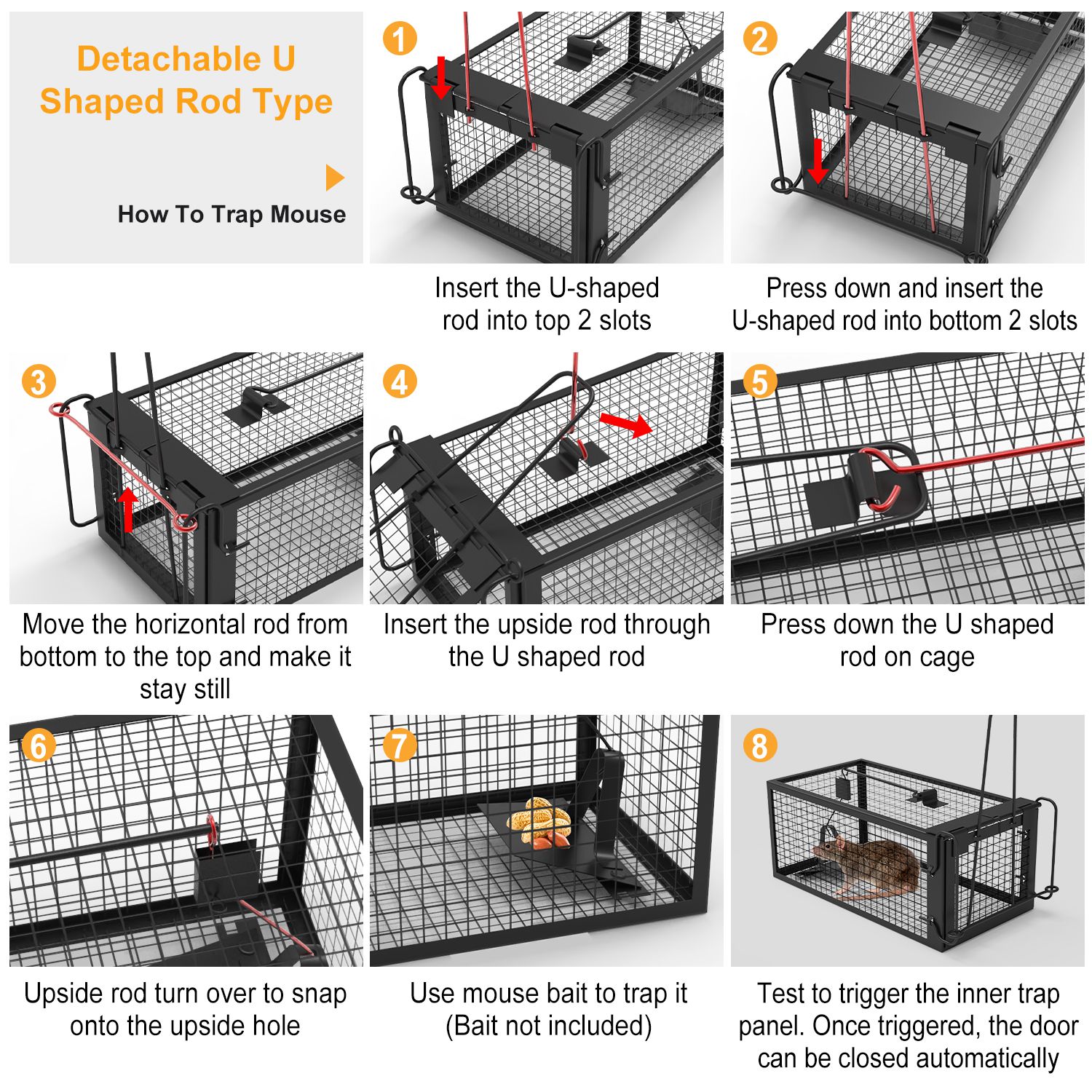 2 Pack Rat Trap Cage Humane Live Rodent Trap Cage Galvanized Iron Mice Mouse Control Bait Catch With Detachable U Shaped Rod — imagen 5