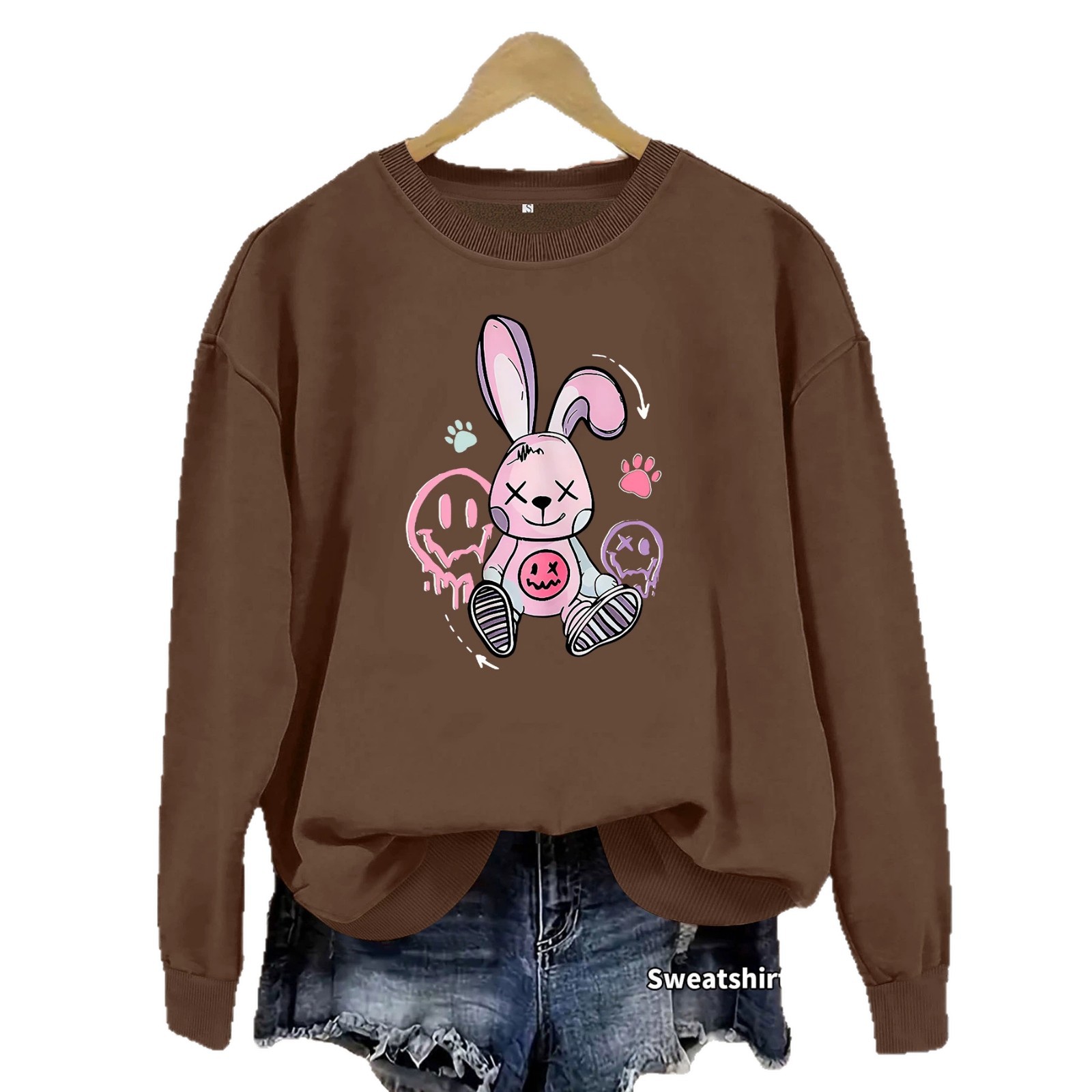 Graffiti rabbit print round neck fleece hoodie — image 1