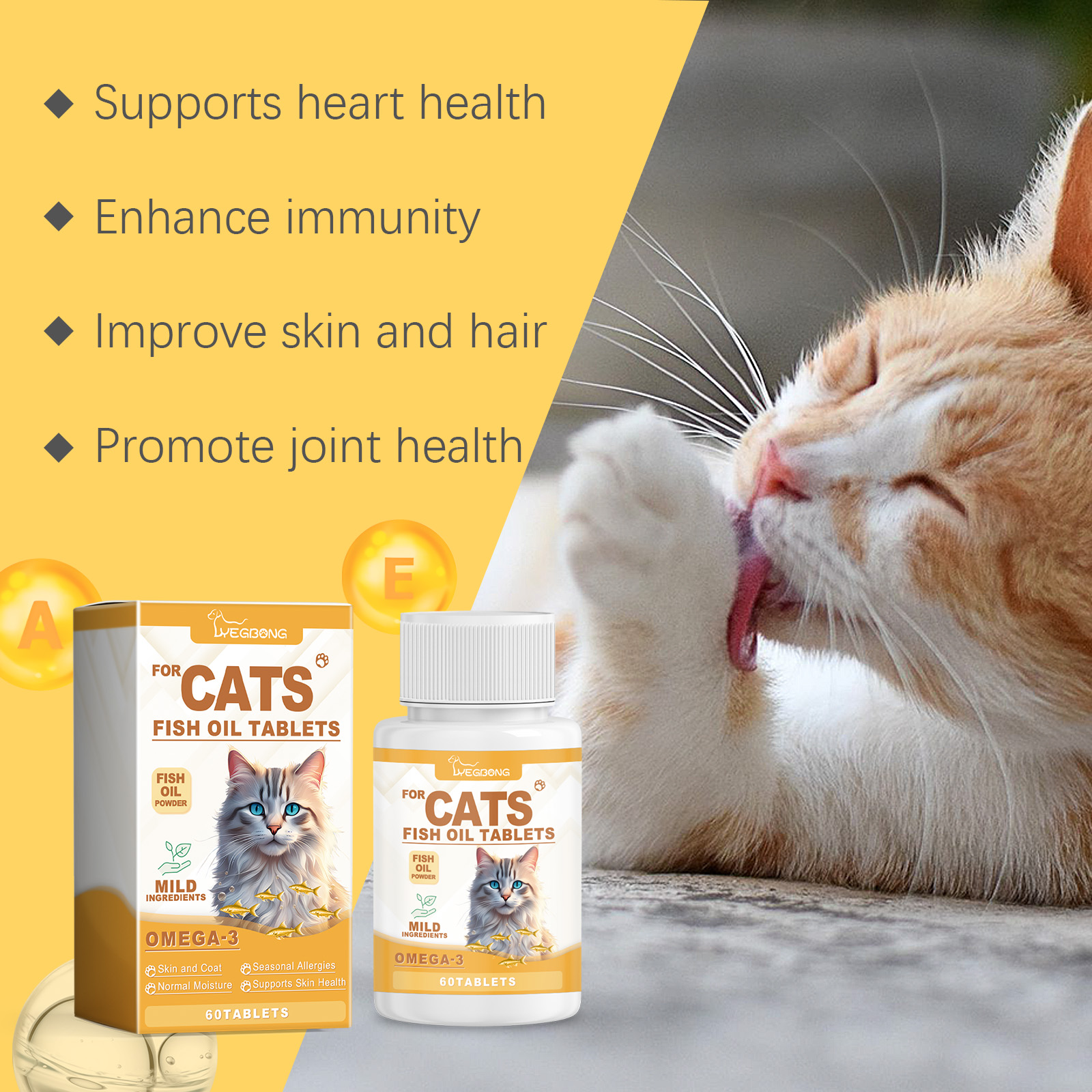 Tabletas de Aceite de Pescado Clase 3 para Gatos, Suplemento Multivitamínico para Pelaje y Corteza, Apoya Salud Inmunológica, Cardíaca y Ósea, 60 Tabletas Chupables — imagen 9