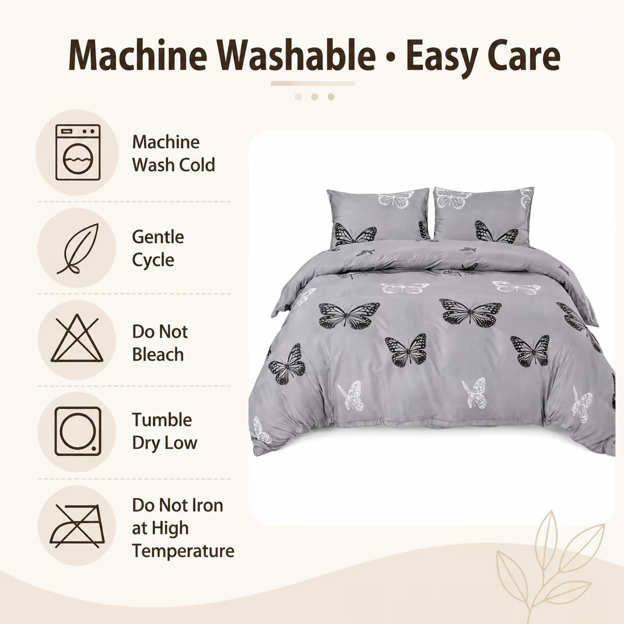 3Pcs Gray Butterfly Duvet Cover Set Soft Bedding Set with Pillowcases, Black White Butterfly Bed Cover for Girls Teens Queen King Twin Full — image 8