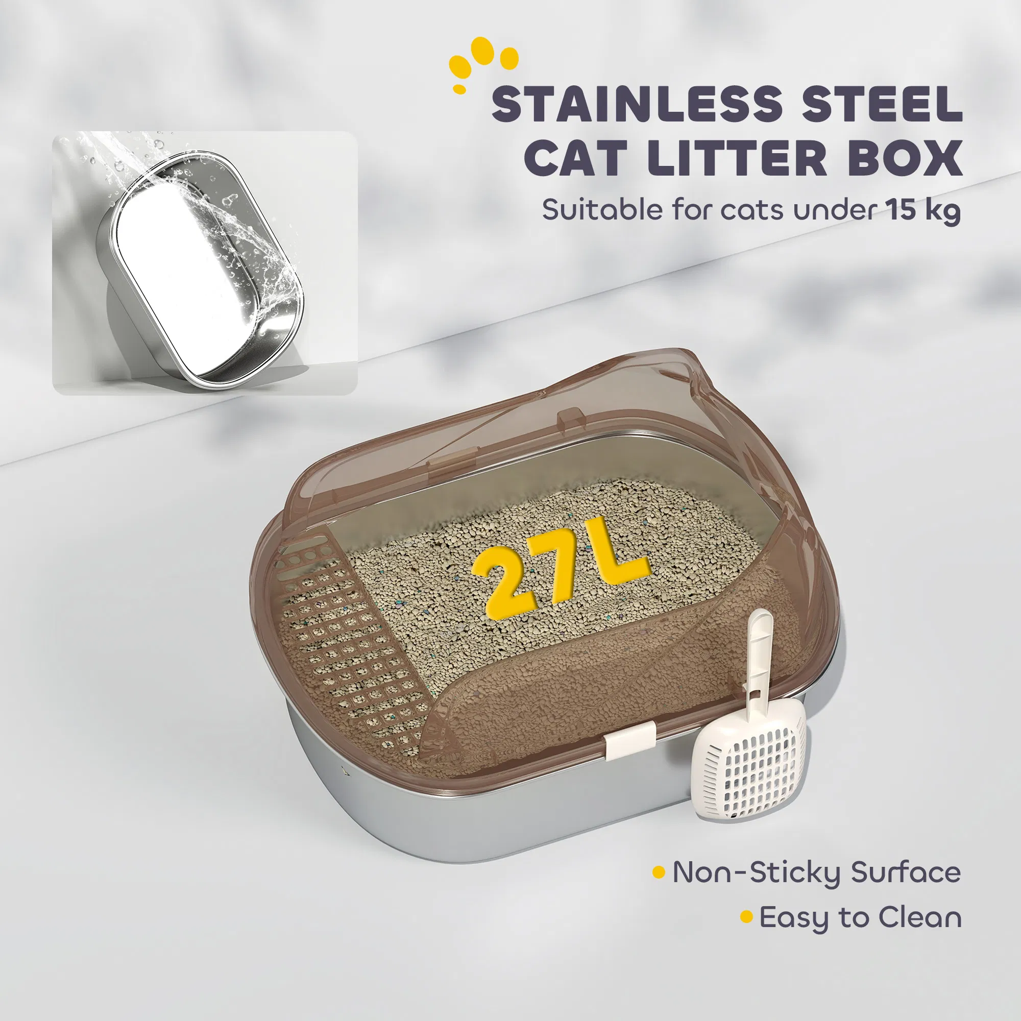 Stainless Steel Cat Litter Box with High Sided Enclosure, Steps & Scoop, Non-Sticky & Anti-Urine Leakage, Easy Cleaning — image 5