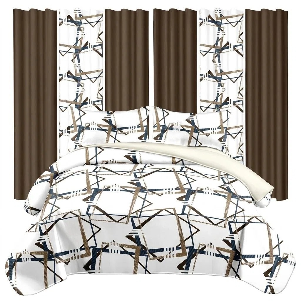 Set de Edredón y Cortinas de 9 Piezas 'Habitación en una Bolsa', Diseño Americano con Estampado Geométrico Moderno, Colcha Gruesa con 6 Paneles de Cortina Personalizables, Apto para Mascotas de Alto Gramaje, Marrón, Azul Marino y Blanco — imagen 1