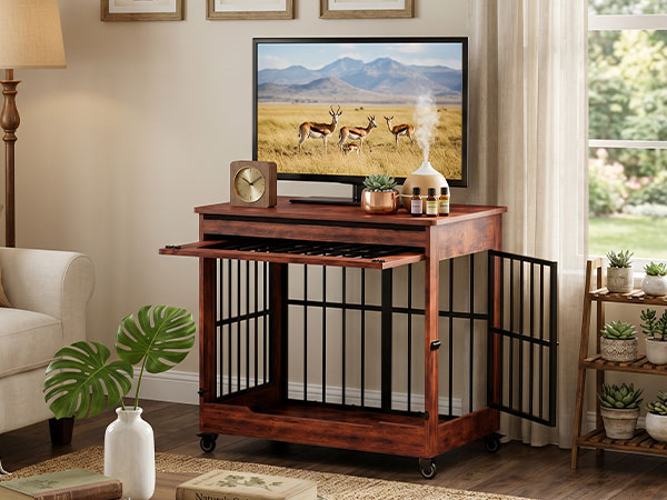 Dog Crate Furniture, Double Door Wooden Indoor Dog Kennel Furniture, Decorative Pet Cage End Table With Wheels For Medium And Small Breed Dogs, Size M, Greige — image 26