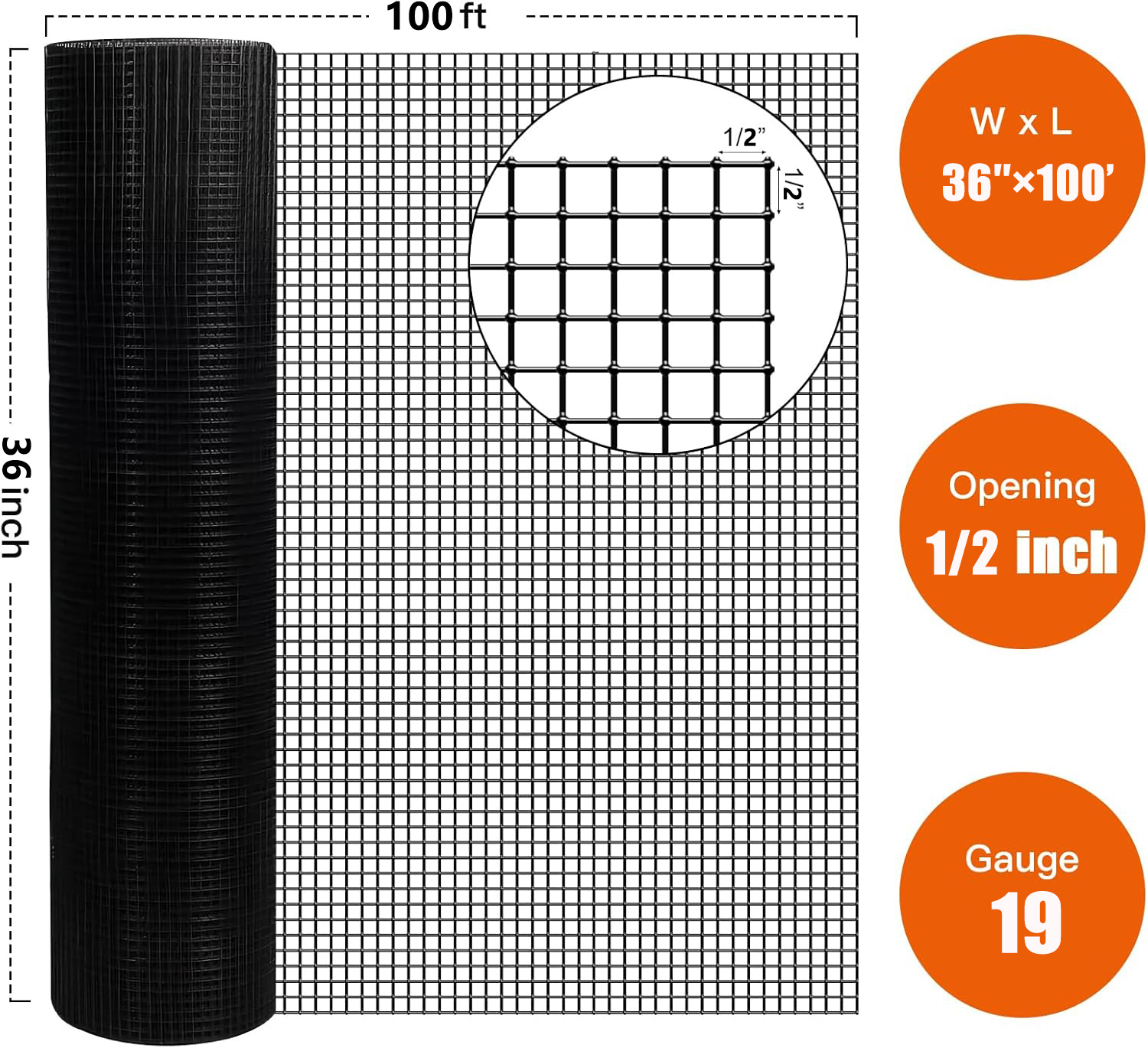 36 Inchx100 Ft Black Vinyl Coated Hardware Cloth, 19 Gauge 1-2 Inch Black PVC Hardware Cloth, Black Welded Wire Fence Supports Poultry-Netting Cage-Home Improvement And Chicken Coop — imagen 3
