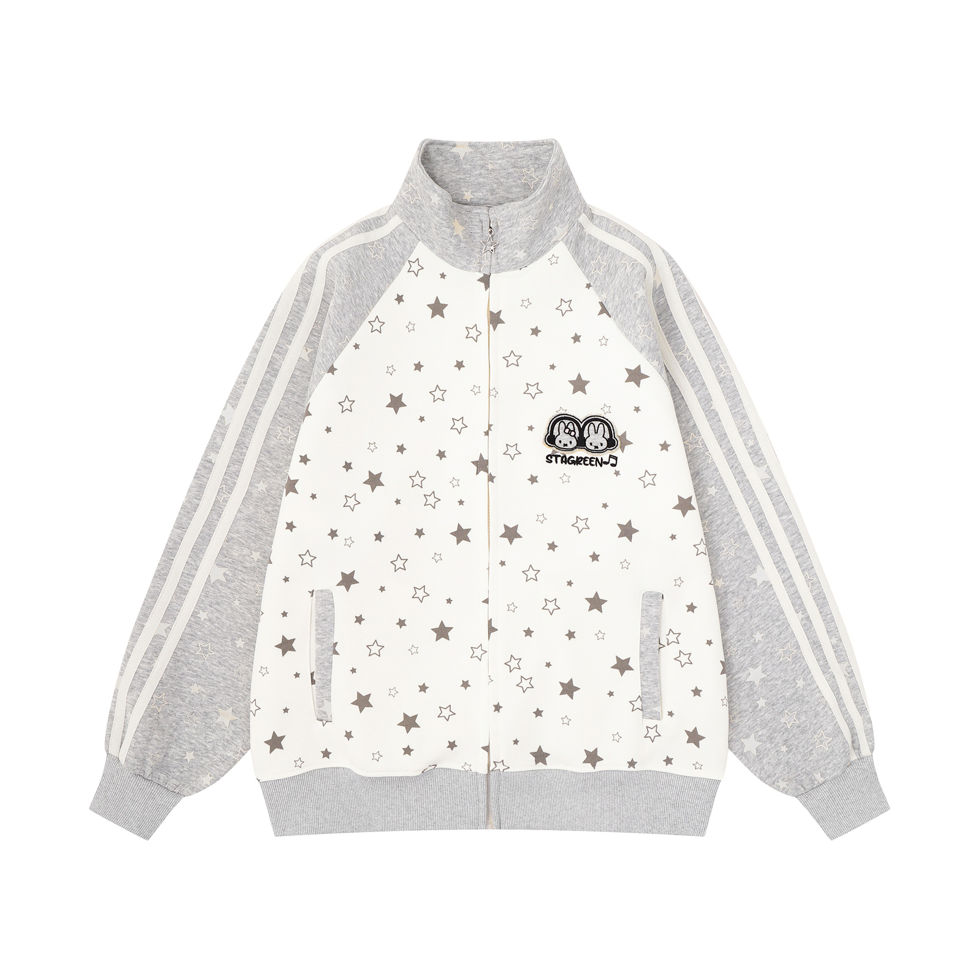 Casual Jacket with Cartoon Rabbit Embroidery Stand Collar Zipper Athletic Outerwear — image 3
