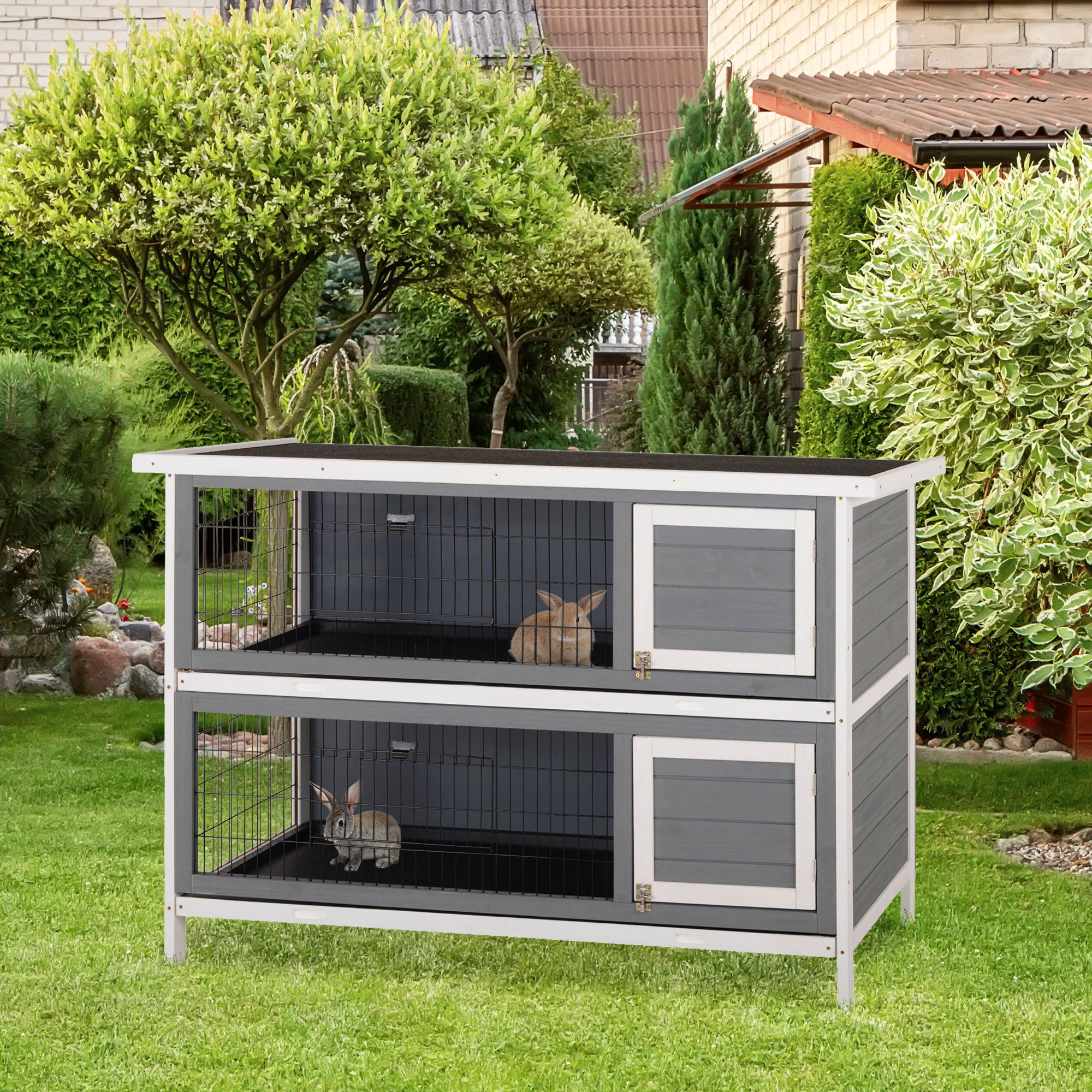 54" 2-Story Large Rabbit Hutch Bunny Cage Wooden Pet House Small Animal Habitat with Lockable Doors, No Leak Tray and waterproof Roof for Rabbits, Chickens, Ducks, Outdoor/Indoor Dark Gray — imagen 1
