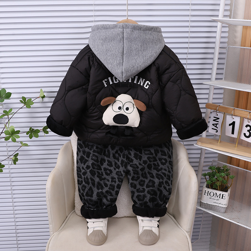 Boys' Winter Fleece-Lined Cotton Jacket Set, Fashionable Dog Print Thickened Warm Clothes, 3-Piece Kids Outfit — image 3