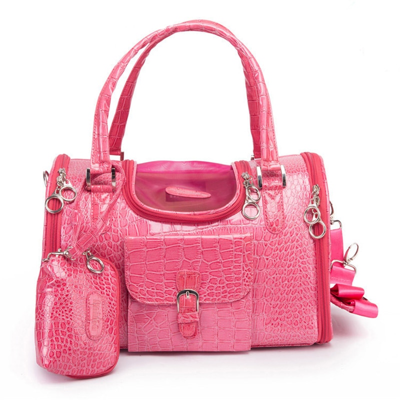 Porta perros de PU de cocodrilo con diseño de bolsa de mano en rosa y negro, con cierre ajustable y asas reforzadas para viajes seguros — imagen 1