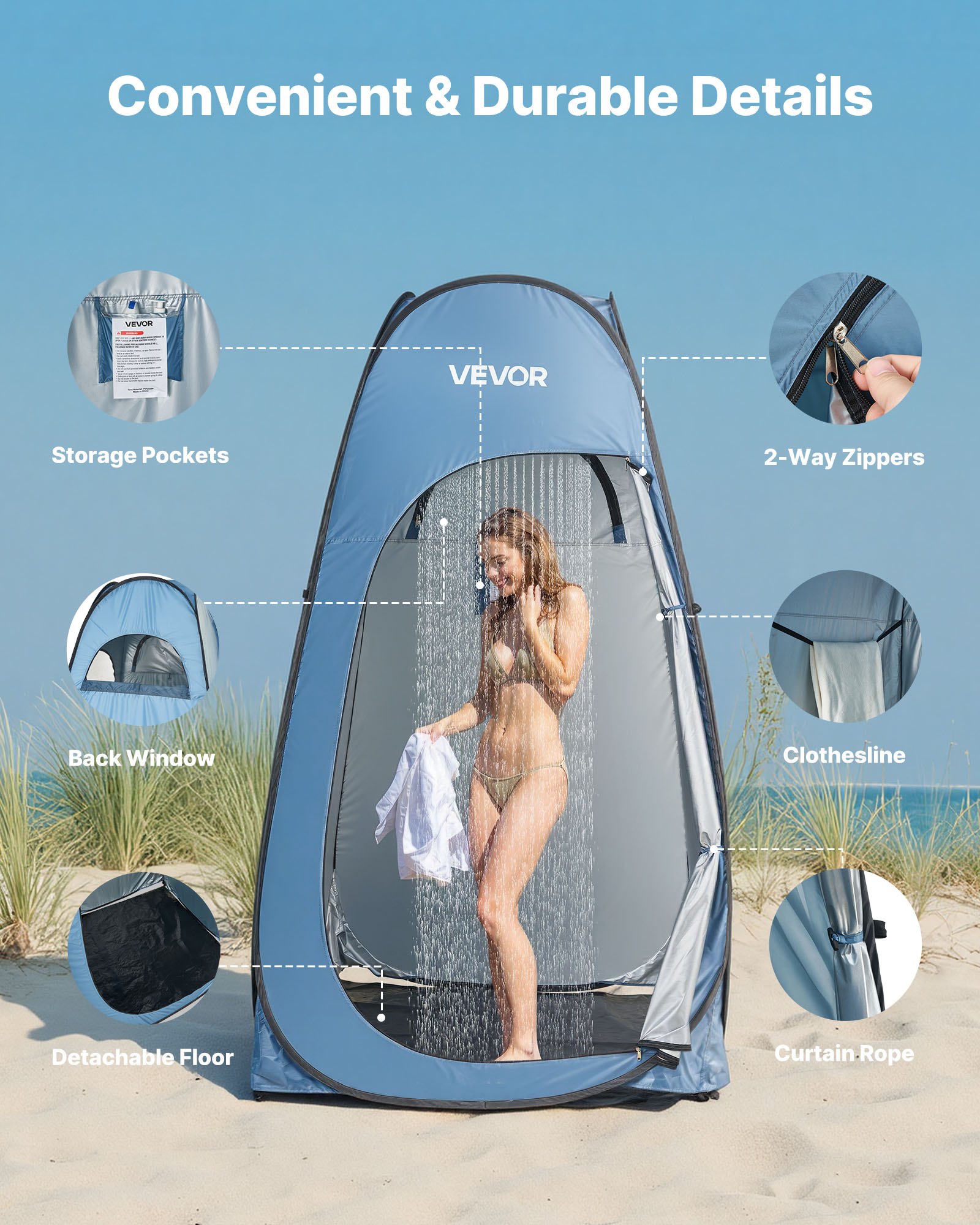 Tenda de Ducha Instantánea, Privacidad Portátil con Bolsa Colgante, Estacas y Cuerdas, Bolsa de Transporte, 190T Poliéster con Recubrimiento Plateado, Configuración Rápida para Camping, Playas y Pesca — imagen 3