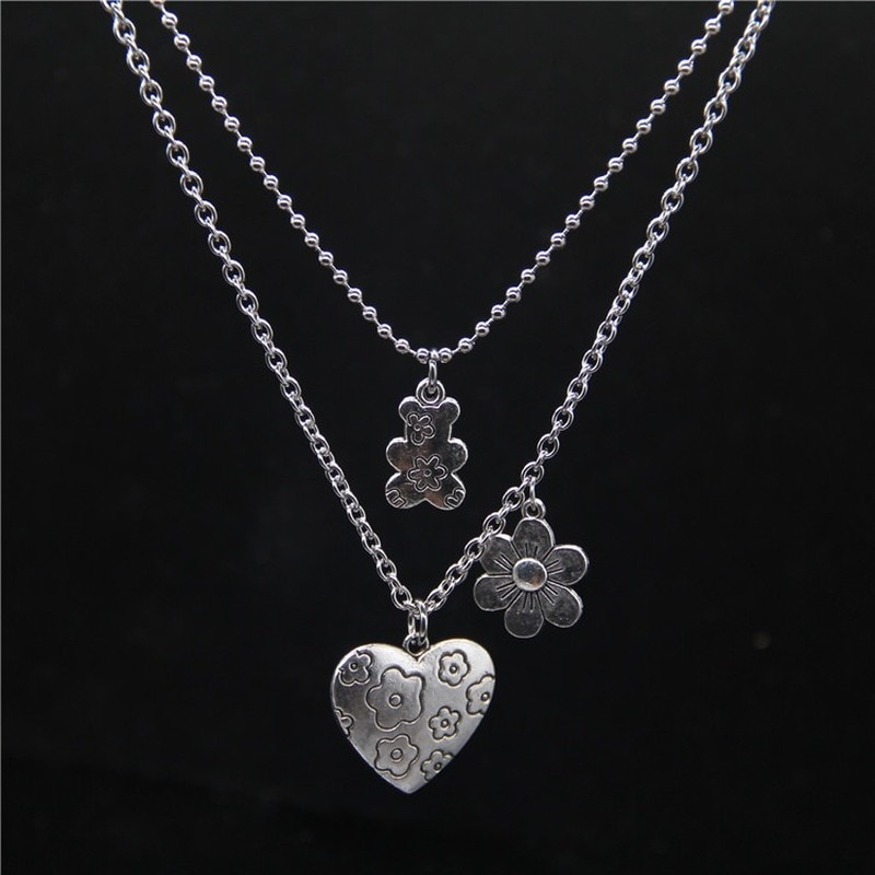 Punk Rock Flower Bear Heart Pendant Necklace Hip Hop Stainless Steel Jewelry Cool for Women Girl GiftsParty Nightclub Gifts — image 6
