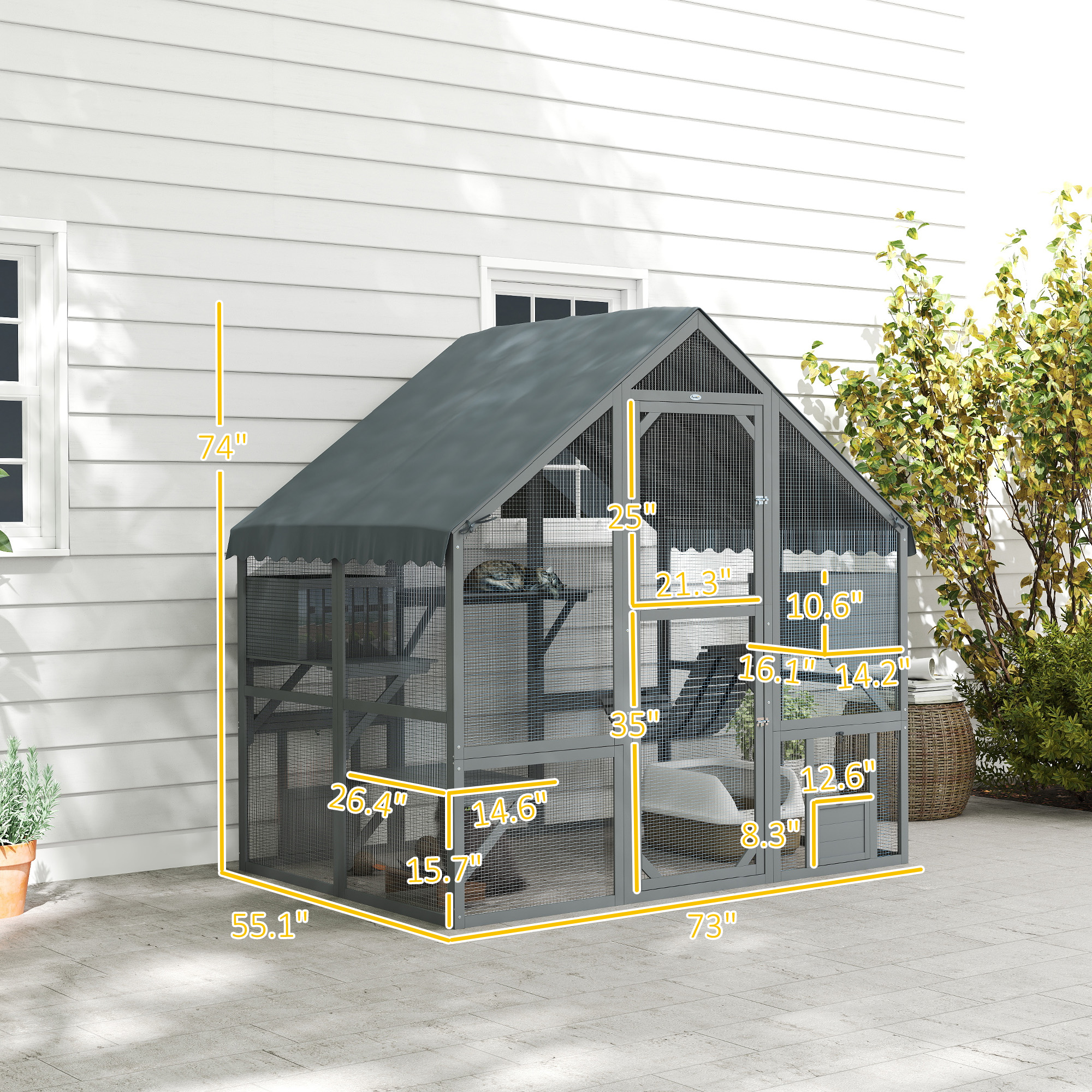Wooden Catio Outdoor Cat Enclosure with Waterproof Cover, 2 Condos, 4 Platforms, Bridge, Doors, Gray — image 7