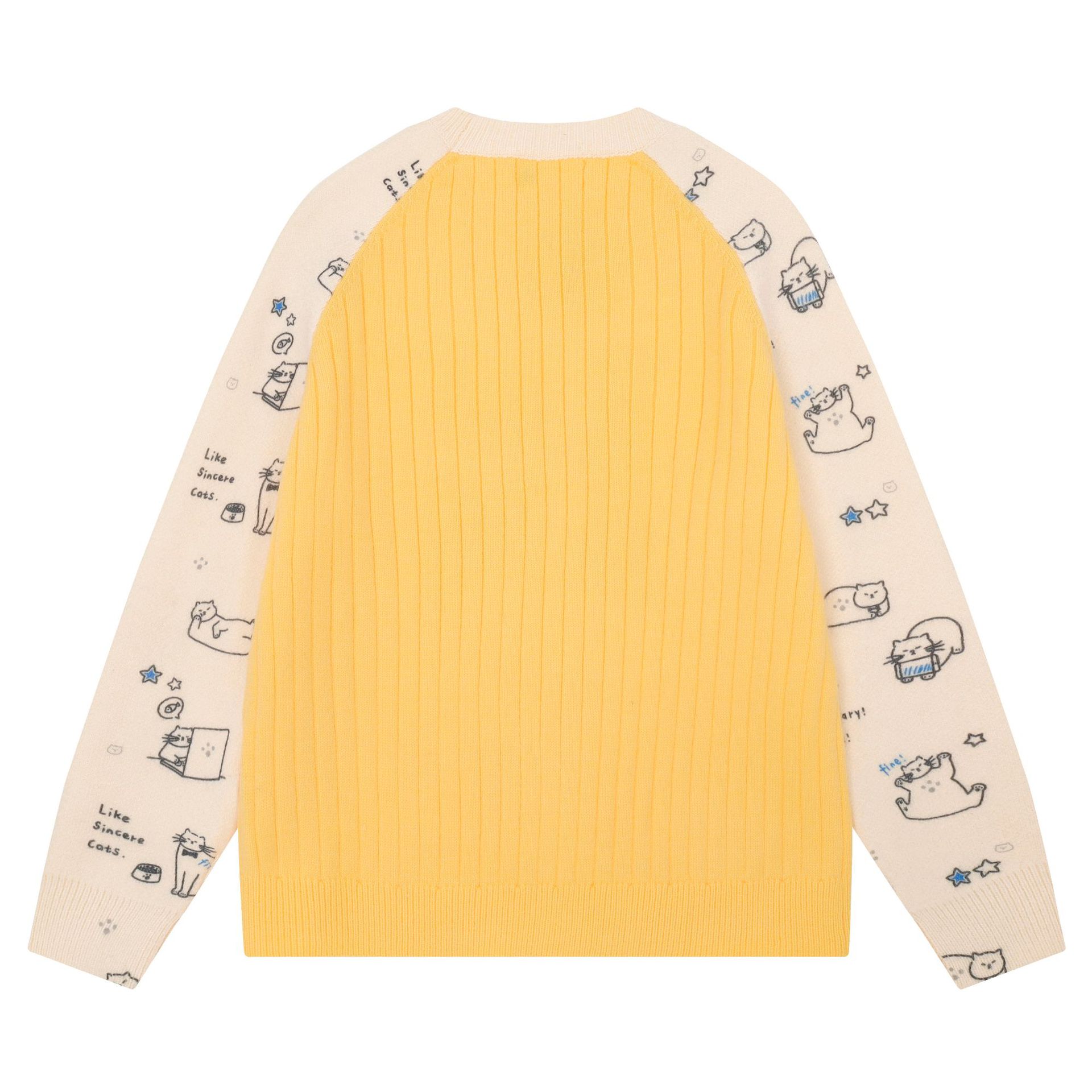 Women's Cartoon Cat Print Color Block Raglan Sleeve Round Neck Loose Knit Sweater — image 4