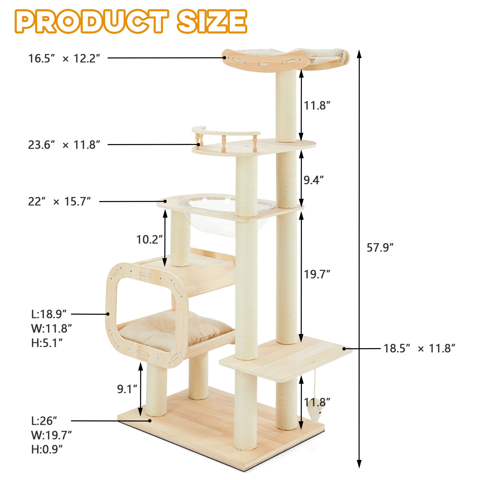 Modern Heavy-Duty No-Drill Cat Tree-Solid Wood Multi-Story Board, 4-Story Multi-Column Cat Tower, 57.9in For Multi-Cat Households, Open Condo, Space Capsule & Perch, Natural Wood Indoor Pet Furniture — image 5