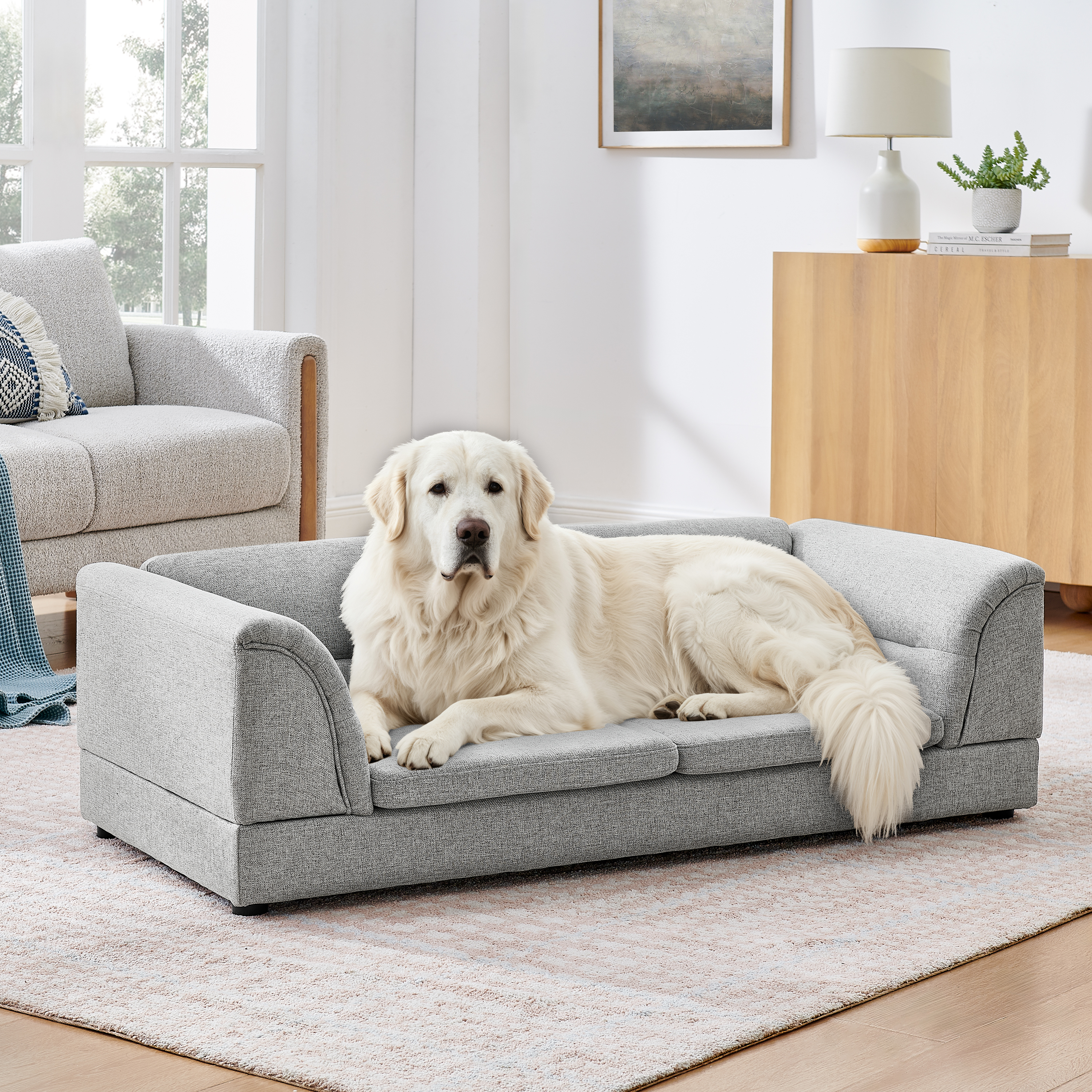 Silla de Comodidad para Mascotas Grande, Sofá Rectangular con Brazo Curvo en Tela de Lino para Perros Grandes - GRIS CLARO X — imagen 1