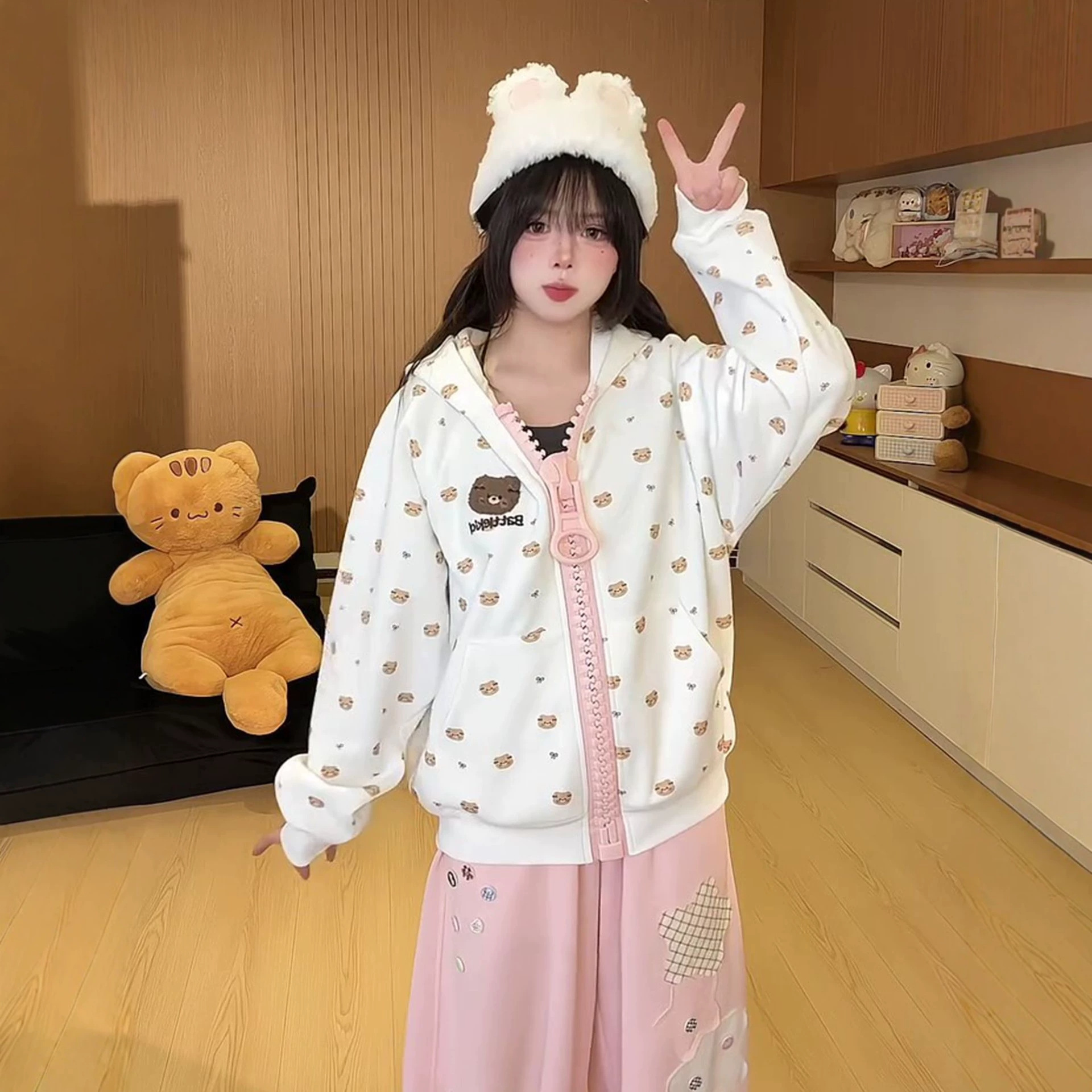 Cute Bear Print Zip-Up Hoodie for Women, Casual Hooded Cardigan Jacket — image 5