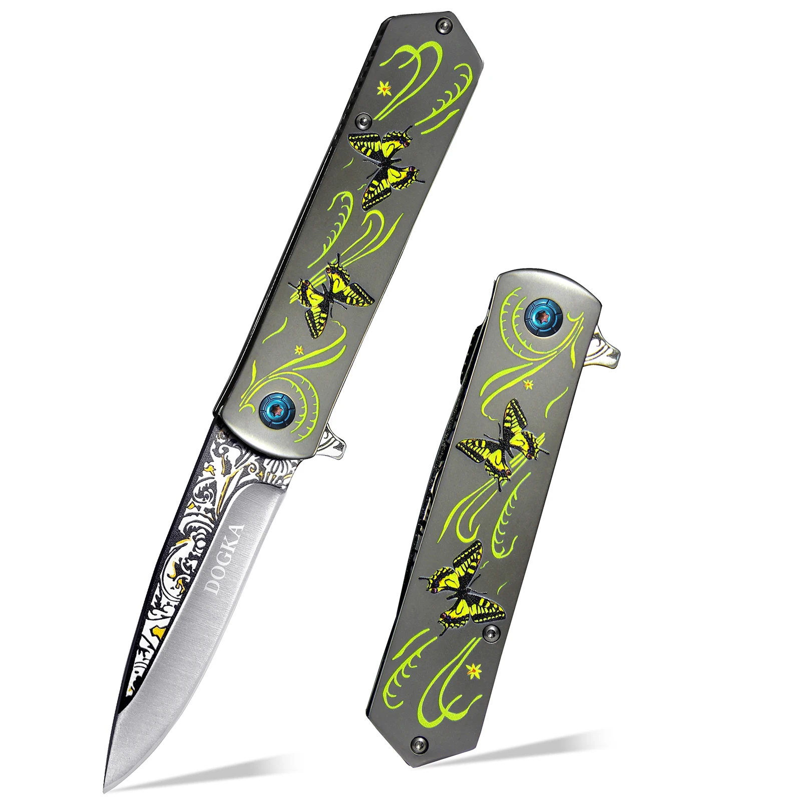 This DOGKA Folding Pocket Knife Features a Unique Butterfly Pattern Handle, Decorative Blade Detail, and Compact Folding Design. It Combines a Stylish Look with Practical Outdoor Utility, Making It Suitable for Camping, Hiking, Fishing, Travel — image 1