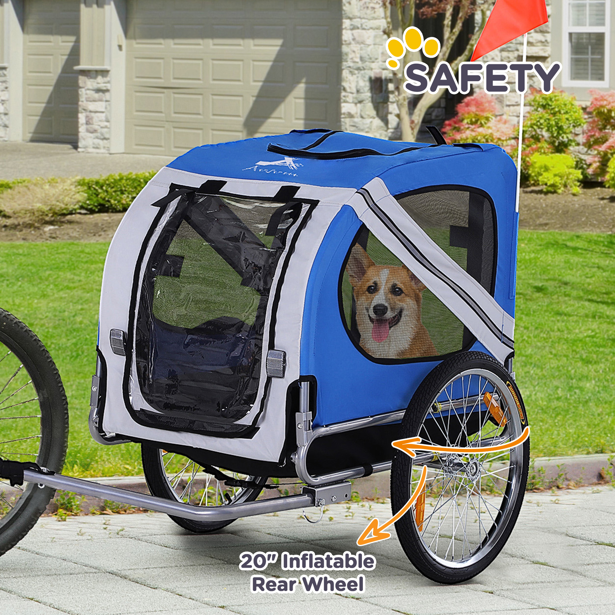 Trailer de bicicleta para perros, carrito de paseo para mascotas con armazón plegable fácil, ruedas de goma grandes de 20", 3 entradas, pantalla de malla, trailer de bicicleta para perros para terrenos difíciles y viajes, azul y blanco — imagen 5