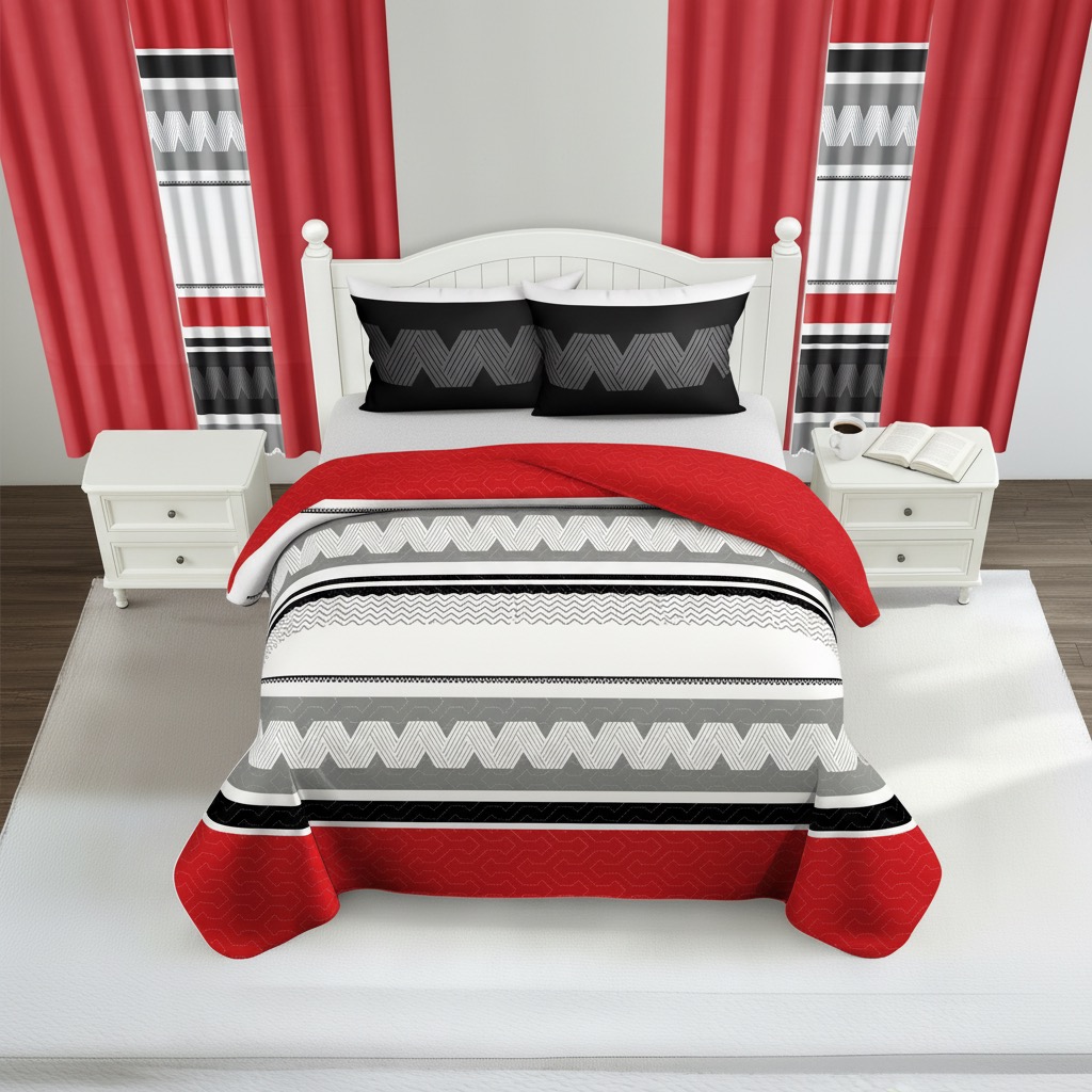 9 Piece Room In A Bag Quilt And Curtain Set, US Designer Red And Black Geometric Chevron Heavyweight Bedspread With 6 Customizable Window Panels, Pet-Friendly High GSM Coverlet — image 13