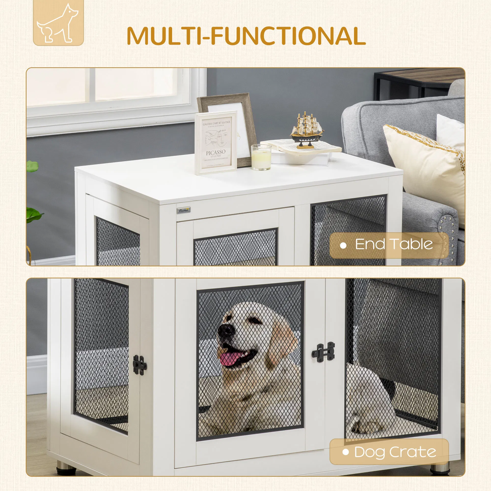 Pet Crate End Table with Water-resistant Cushion or Large Medium Dogs, White — image 4