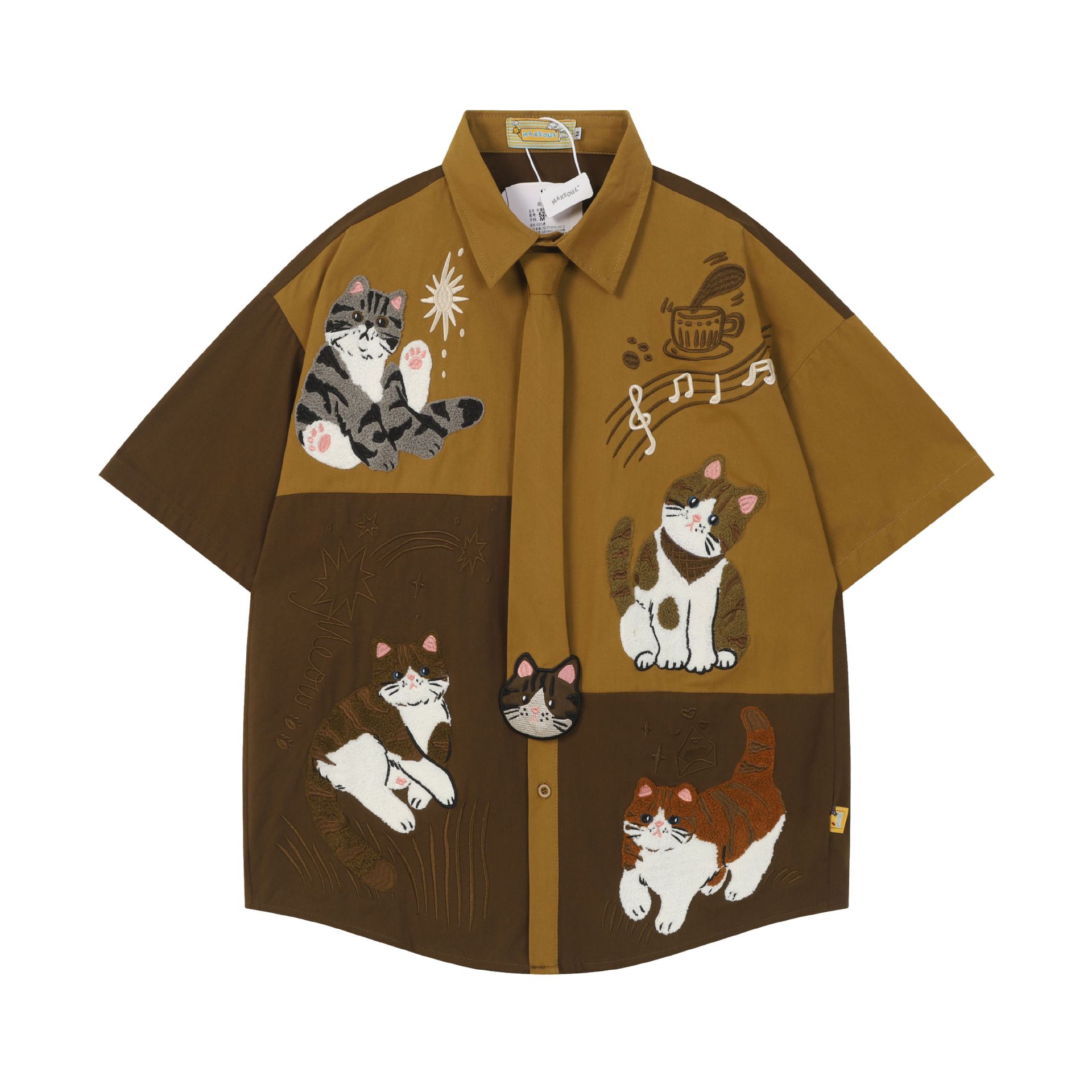 Cat embroidery contrasting color block short sleeved shirt — image 8