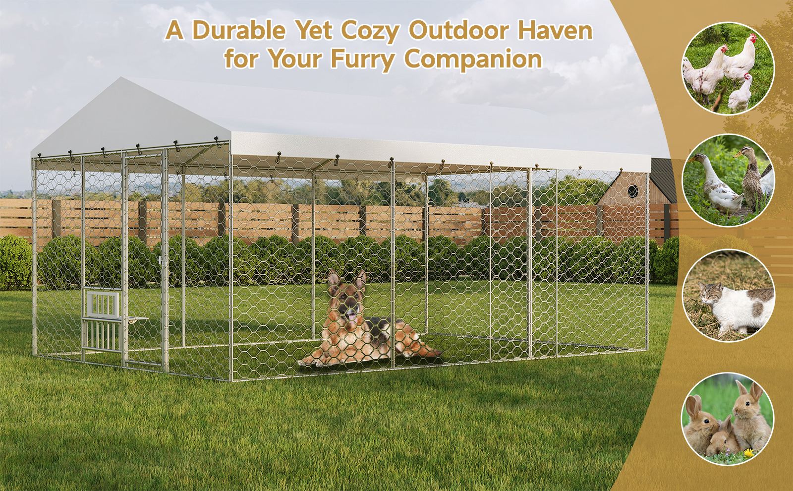 Casa de Perro Al Aire Libre Grande con Techo, Estructura de Acero Galvanizado Resistente, Cubierta Impermeable, Comodines de Alimentación Elevados Integrados, Jaula Segura para Perros Grandes y Animales Múltiples — imagen 10