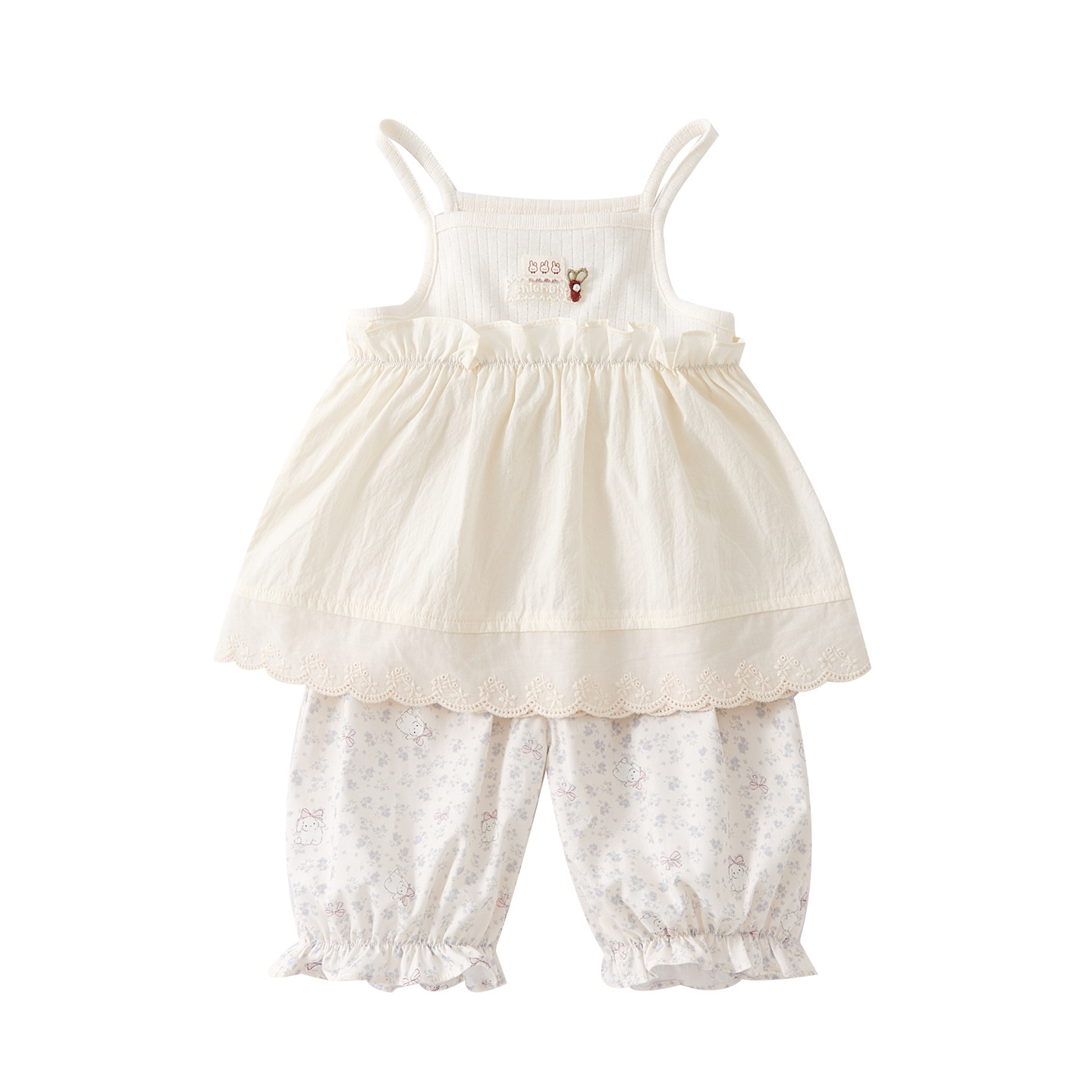 Cartoon Cute Rabbit Lace Strap Girl Baby Floral Breathable Cuffed Pants Two-Piece Set — image 1