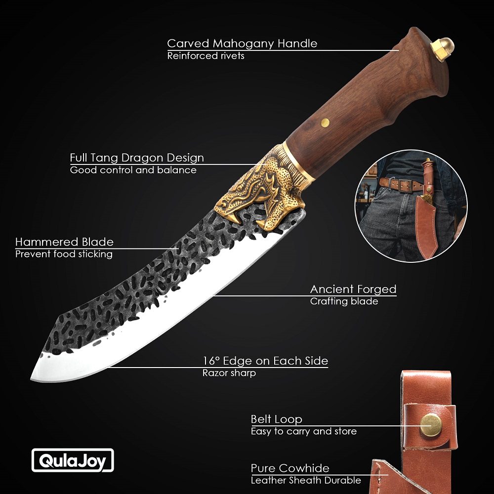 Qulajoy Boning Knife - Hand Forged Camping Knife 7Cr17MOV Blade - Dragon Head Handle And Leather Sheath - Unique Dragon Style - Viking Knife For Hunting & Camping — image 7