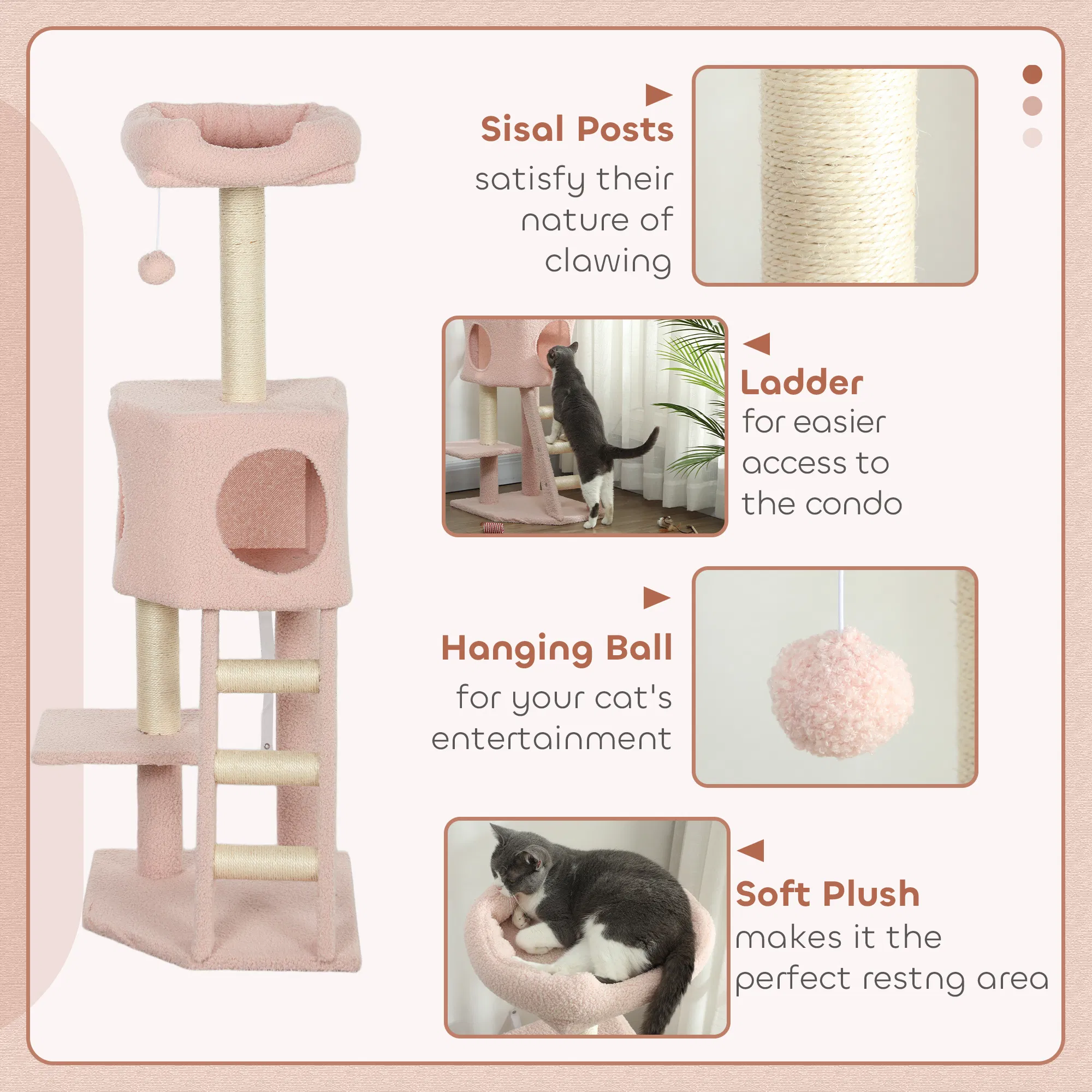 47" Tall Cat Tree Tower with Condo, Ladder, Scratching Posts and Hanging Ball, Pink — image 4
