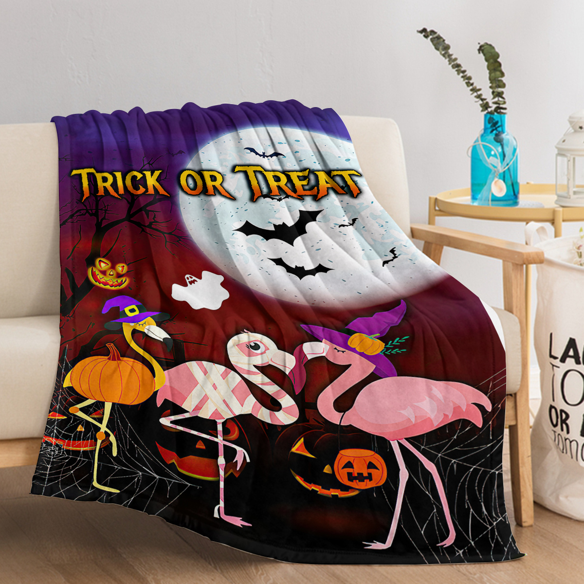 Manta de Felpa Halloween con Flamingos Rosas, Cozina y Caliente para Hogar, Cama, Sofá, Camping y Uso Múltiple para Todas las Estaciones — imagen 8