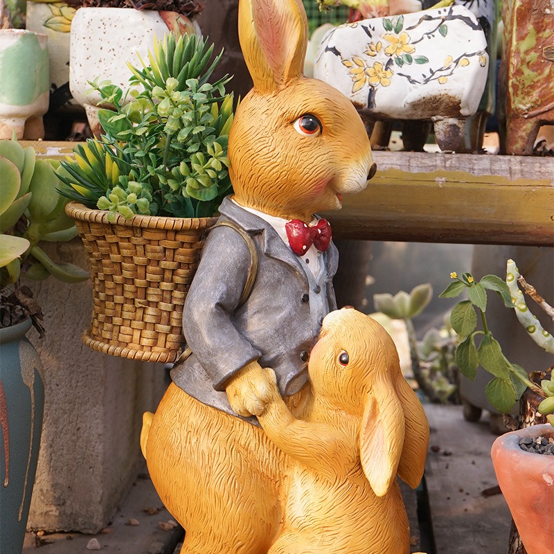 Rabbit flower vat resin cute sculpture garden decorations — image 6