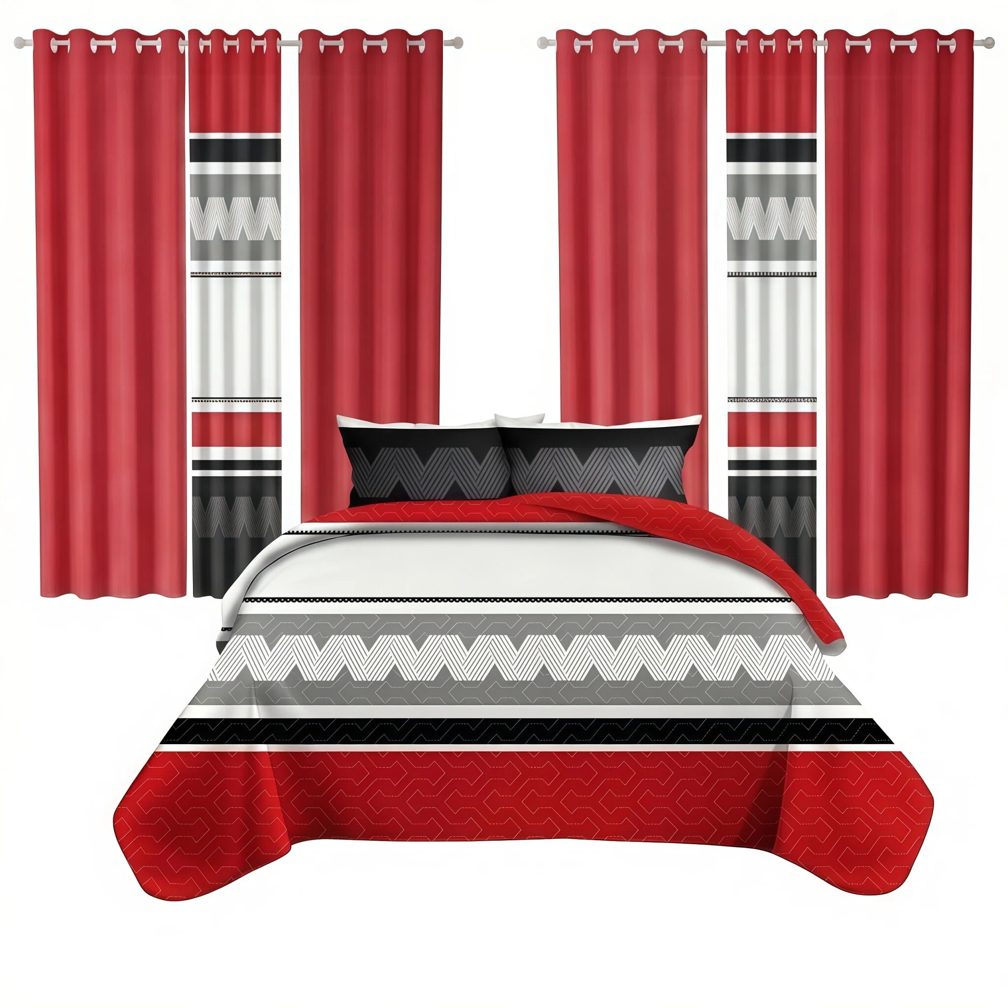 9 Piece Room In A Bag Quilt And Curtain Set, US Designer Red And Black Geometric Chevron Heavyweight Bedspread With 6 Customizable Window Panels, Pet-Friendly High GSM Coverlet — image 1