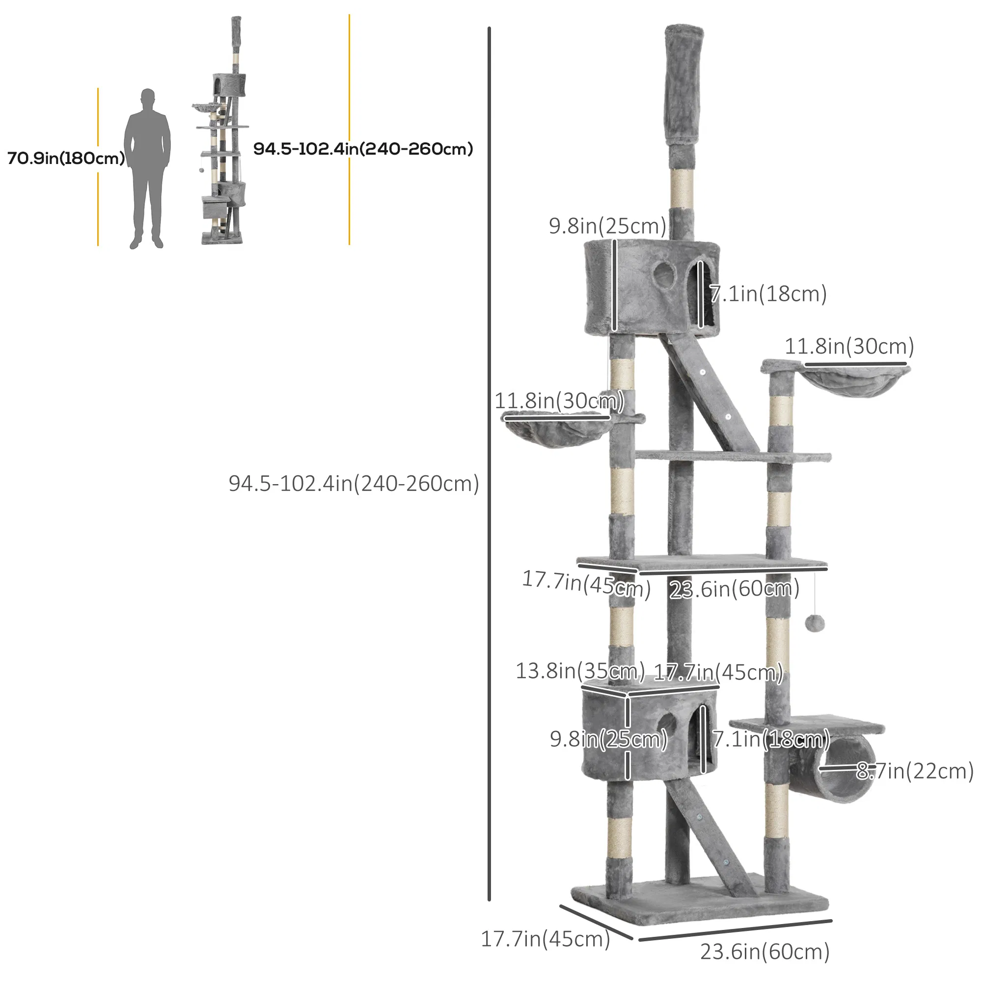 94"-102" Huge Cat Tree Ceiling High Cat Condo Scratching Post Activity Center Multi-Level Play House Light Grey — image 5