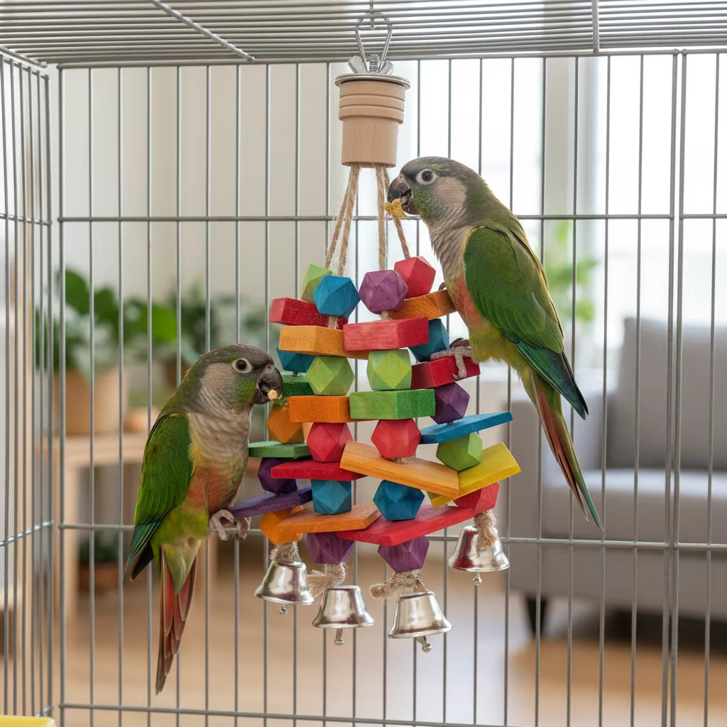 Parrot Toy with Rainbow Blocks and Bell Natural Wood Chew Toy for Small to Medium Birds Interactive Entertainment for Pet Birds — image 3