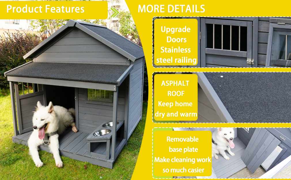 Casa para Perros Grande, Larga 44.2" x Ancha 44.6" x Alta 44.6", Madera Solida Teja de Asfalto con Terraza Grande para Perros Grandes, Impermeable y Segura, Puertas Pequeñas de Madera que Se Pueden Bloquear — imagen 5