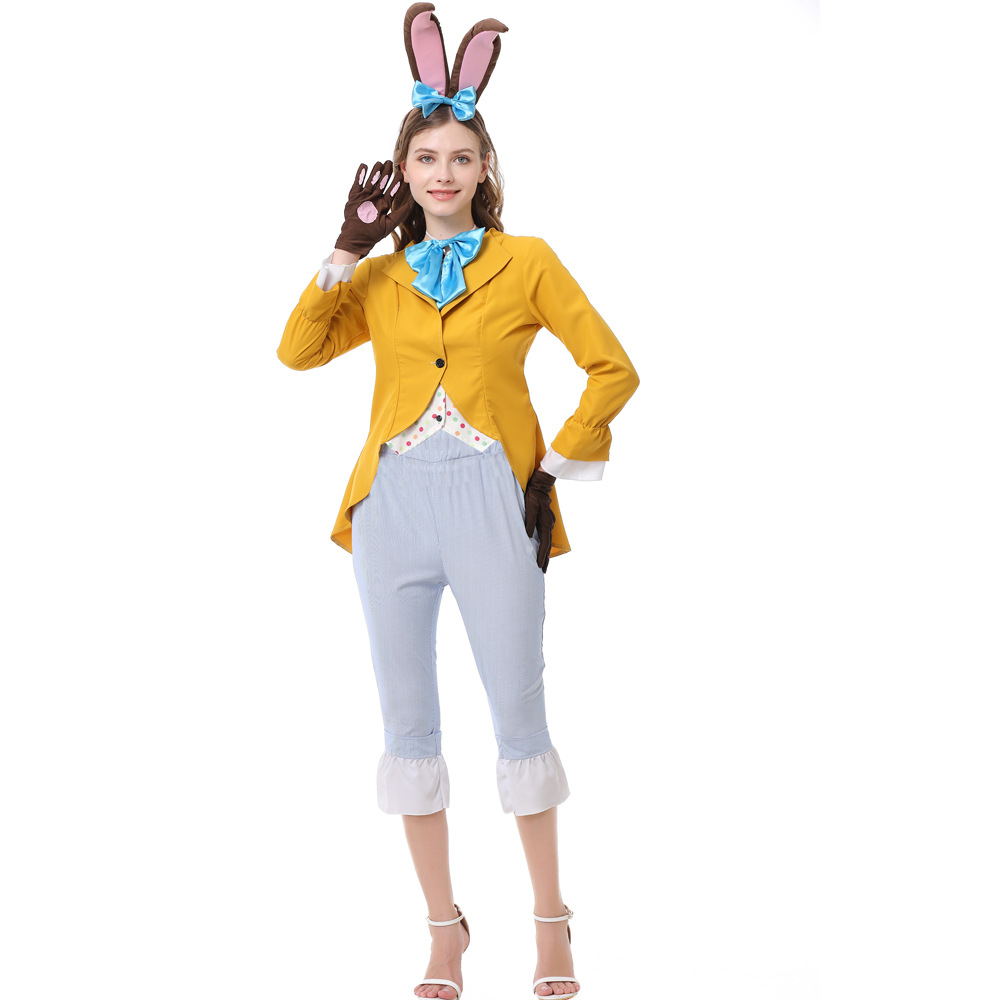 Bunny Rabbit March Hare Cosplay Costume Adult Women Yellow Rabbit Mr. Suit Halloween Stage Costume — image 2