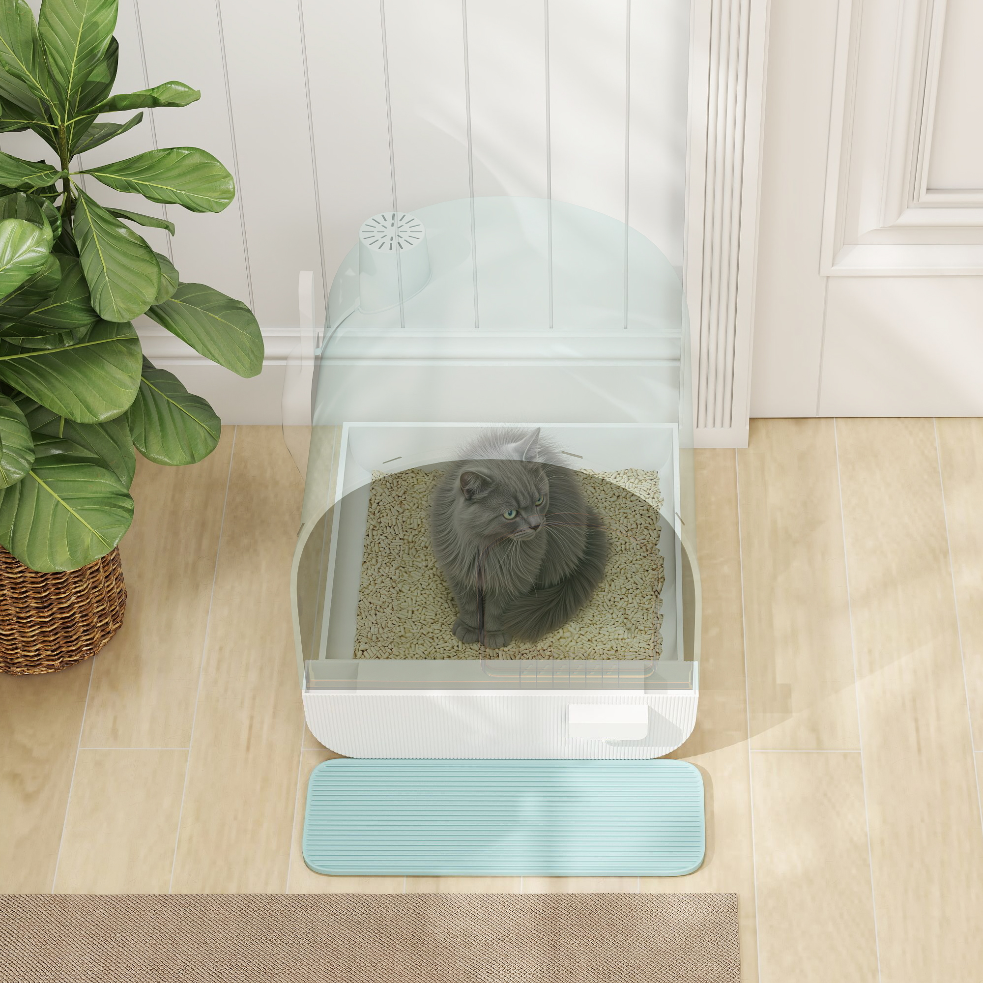 Caja de Arena para Gatos Acristalada con Diseño con Cerradura y Cajón, Protección contra Escapes y Gotas, para Gatos Individuales desde Kitten hasta Adulto, con Cuchara y Manta, Limpieza Fácil, Control de Olor Verde — imagen 2