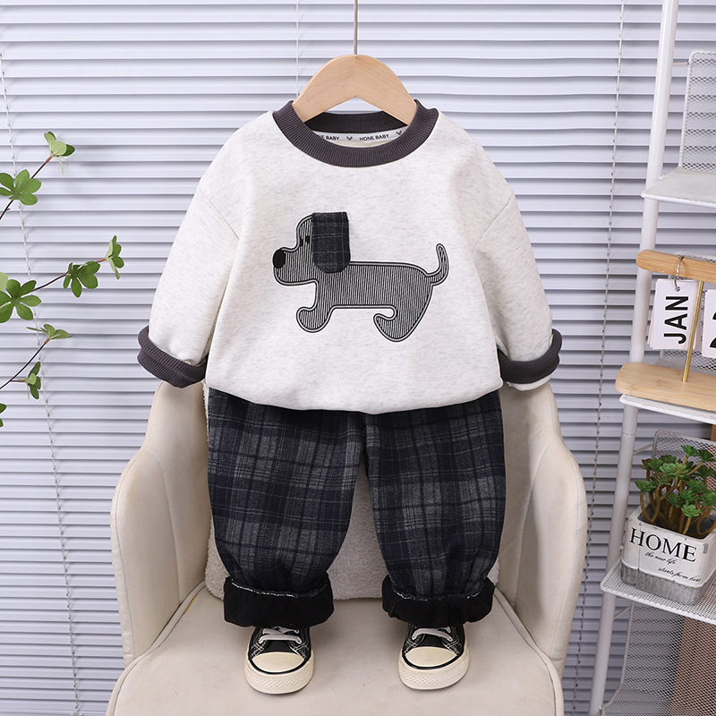 Stylish Boys Autumn Winter Fleece-Lined Dog Print Hoodie Set — image 1
