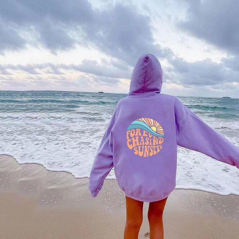 Sunset Print Kangaroo Pocket Drawstring Hooded Women's Fleece Sweatshirt — image 14